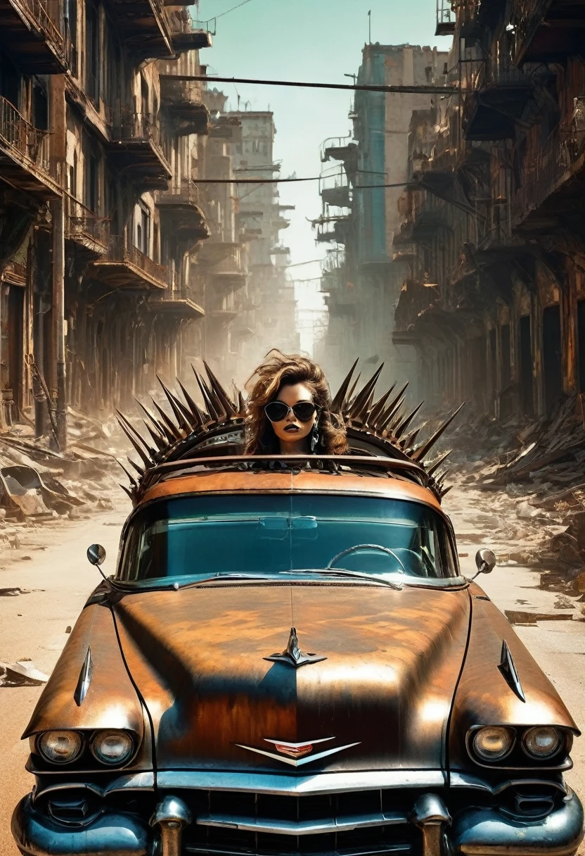 faithful image of an old rusty 1955 cadilac eldorado with spikes and spikes on the hood, military style with modifications, the car is racing on a street suspended over a destroyed white concrete overpass in the center of a post-apocalyptic city with many buildings around, carro steampunk, dramatic art, estilo de arte dieselpunk, apocalyptic road warrior vibe, a girl with sunglasses is inside the car, arte digital surreal, Mad Max inspirado, heavy metal artwork, simetria da face cromada, arte steampunk digital, It&#39;s not the Mad Max style, metal art, It&#39;s not Filip Hodas&#39; art style, arte digital steampunk, dieselpunk, em um mundo hightech, foto na diagonal