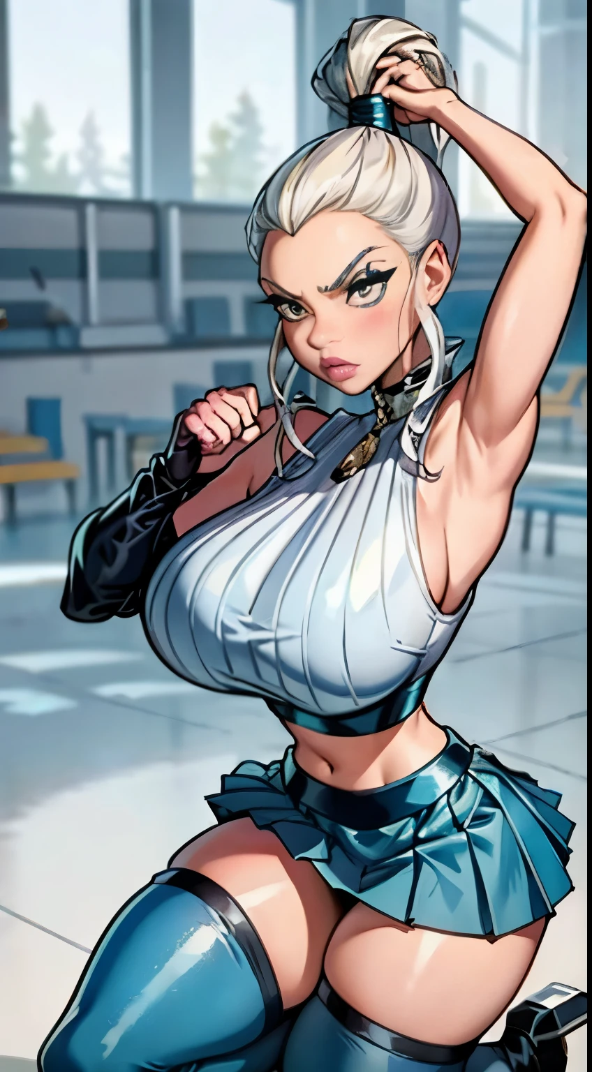bmb-fc, sunny, bodycon dress, 1girl, face, woman , (masterpiece, best quality), 1girl, kneeling pose, show armpit, platinum blonde hair, ponytail, plump lips, pouty lips, huge breast, hourglass figure, shocked face, hot winx outfit, (((tight blue crop top))), (((pleated microskirt))), school park, glove, thighhighs,