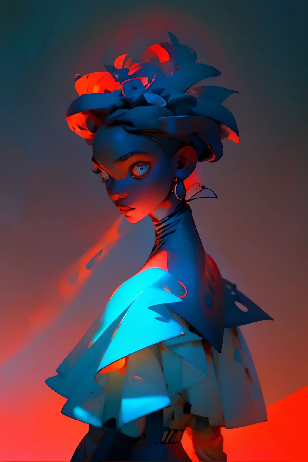 Aerial view shot:1.6, dark-skinned woman:1.2, (crested crane_dress:1.2), standing:1.4, empty_place:1.3, red, blue, white_cubism_art_squares:1.3, (beautiful_vibrant_light:1.5), artistic, creative_imagy:1.2, detailed_textures:1.3, (black_woman:1.2), perfect_anatomy:1.4, tall_figure:1.3, (beauty_face:1.5), cool_vibe:1.3, ((looking
