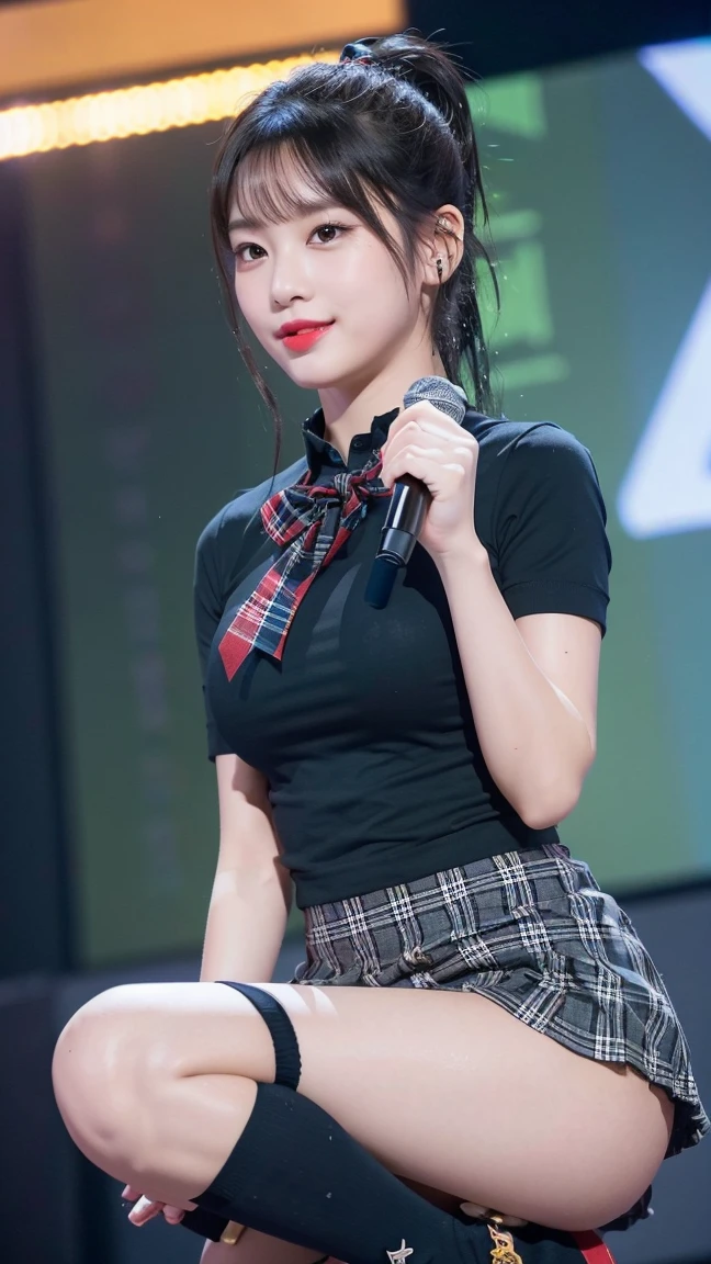 (8K), (highest quality: 1.2), (realistic), (realistic: 1.47), ultra high resolution, 1 girl, cute, smile, closed mouth, (thick lips:1.2),red lip,(Purse your mouth),beautiful details, beautiful nose,(Straight shiny black hair),(With a black ribbon on her head),(ponytail hair),Crouching on the concert stage,open legs,白いpanties,hold the microphone in your right hand,Bend your elbows and raise your hands,(University Student Uniform,nippleが見える,tie,Tartan check pleated skirt,Bruny High Socks:1.2),(Close up on wet thighs:1.2),(knees),(super low angle:1.3),(medium shot),nipple,panties
