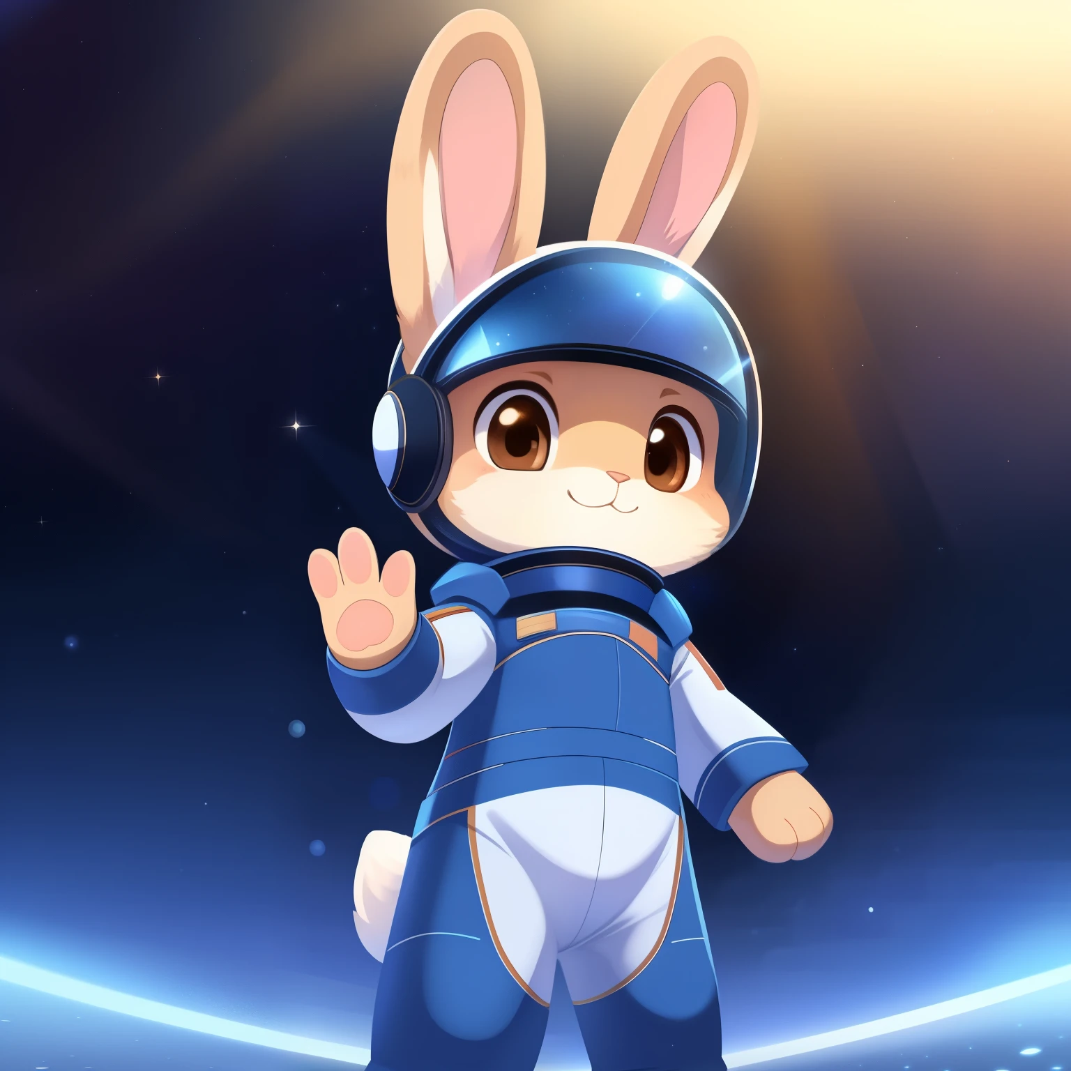 In the foreground, a charming anthropomorphic rabbit clad in a blue space suit waves hello. With a fluffy white tail swaying side to side and big, expressive brown eyes, this cuddly creature greets the viewer with a warm smile. The space suit, complete with a small helmet, adds an extra layer of adorableness to this prim and proper rabbit. The lighting is soft and cinematic, casting a gentle glow over the rabbit's features and highlighting the intricacies of its space suit. The background is out of focus, allowing the rabbit to take center stage in this charming and whimsical illustration. #rabbit #space #waving