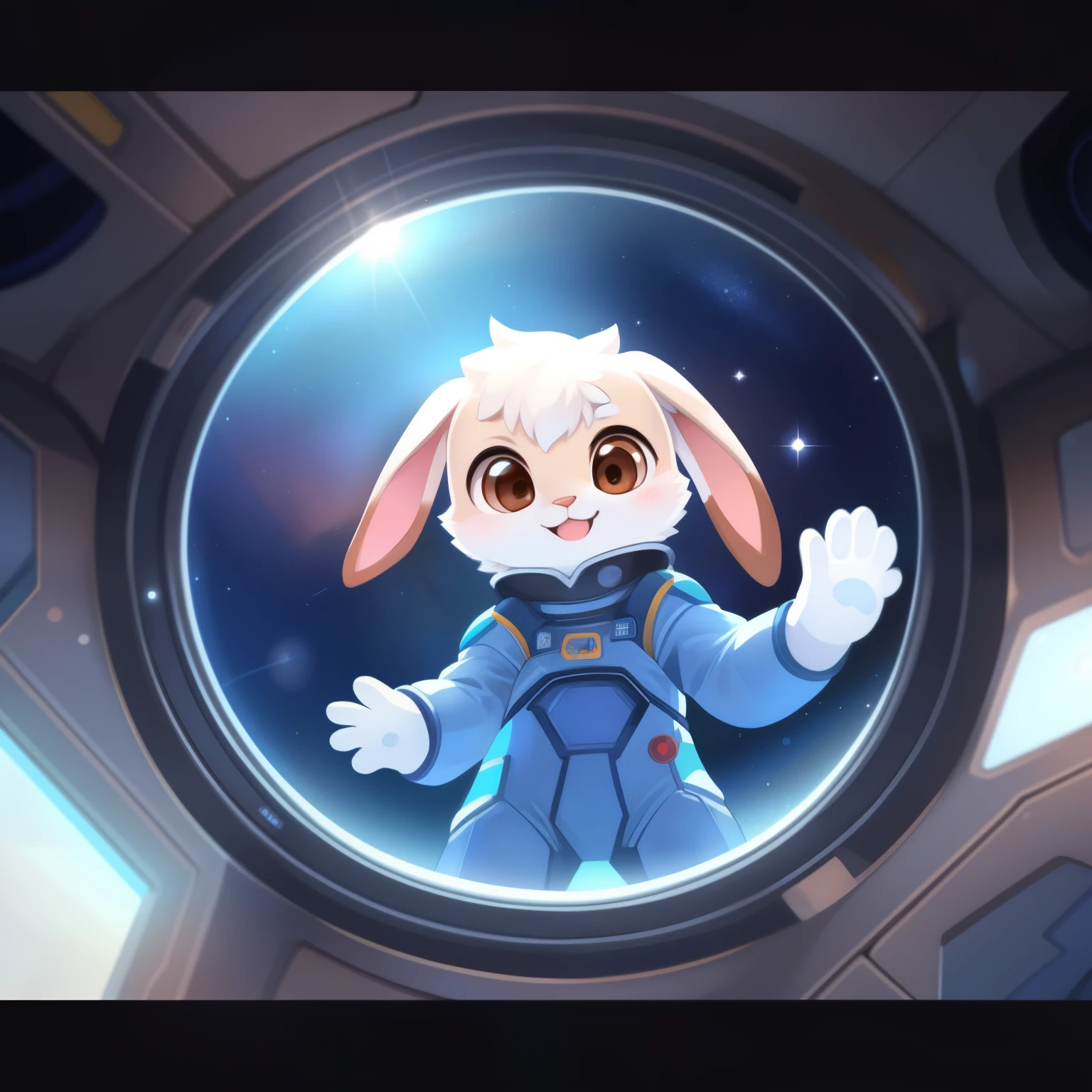 In the foreground, a charming anthropomorphic rabbit clad in a blue space suit waves hello. With a fluffy white tail swaying side to side and big, expressive brown eyes, this cuddly creature greets the viewer with a warm smile. The space suit, complete with a small helmet, adds an extra layer of adorableness to this prim and proper rabbit. The lighting is soft and cinematic, casting a gentle glow over the rabbit's features and highlighting the intricacies of its space suit. The background is out of focus, allowing the rabbit to take center stage in this charming and whimsical illustration. #rabbit #space #waving