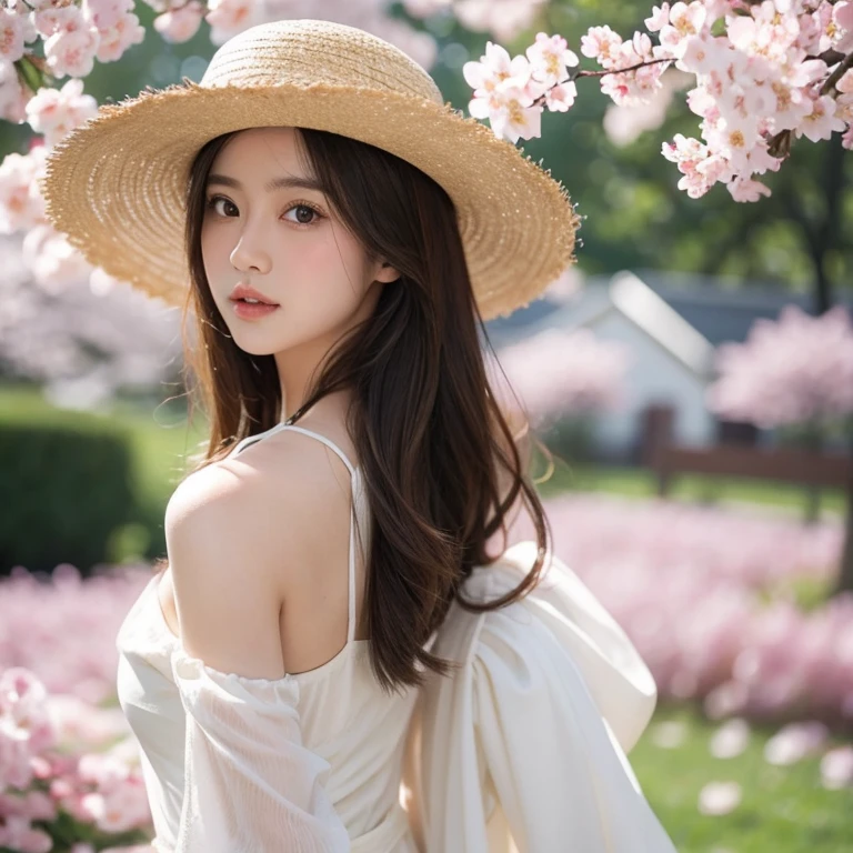 one cute girl、solo、Supermodel、pale skin、Long beautiful brown hair、dull bangakeup、parted lips、big breasts、white dress、straw hat、look at the audience、Blooming cherry blossom grove、Delicate pink petals floating in the breeze、soft lighting、film grain、whole body、epiCPhoto、