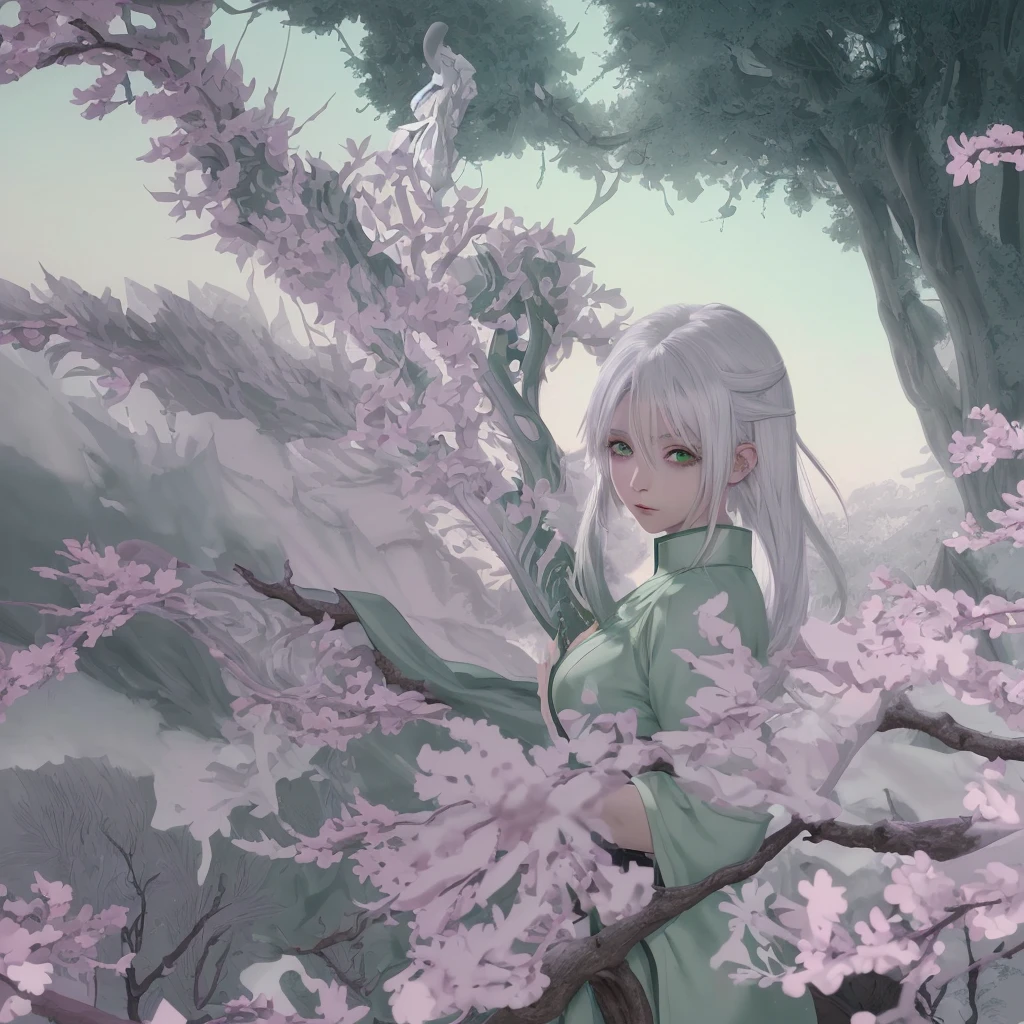 Anime girl with white hair and green eyes holding a sword, detailed digital anime art, anime style 4k, white haired god, anime art wallpaper 4k, anime art wallpaper 4k, Best Anime 4K Kona-chan Wallpaper, anime art wallpaper 8k, detailed anime artwork, detailed anime art, Detailed anime original drawing, anime wallpaper 4k, anime wallpaper 4k