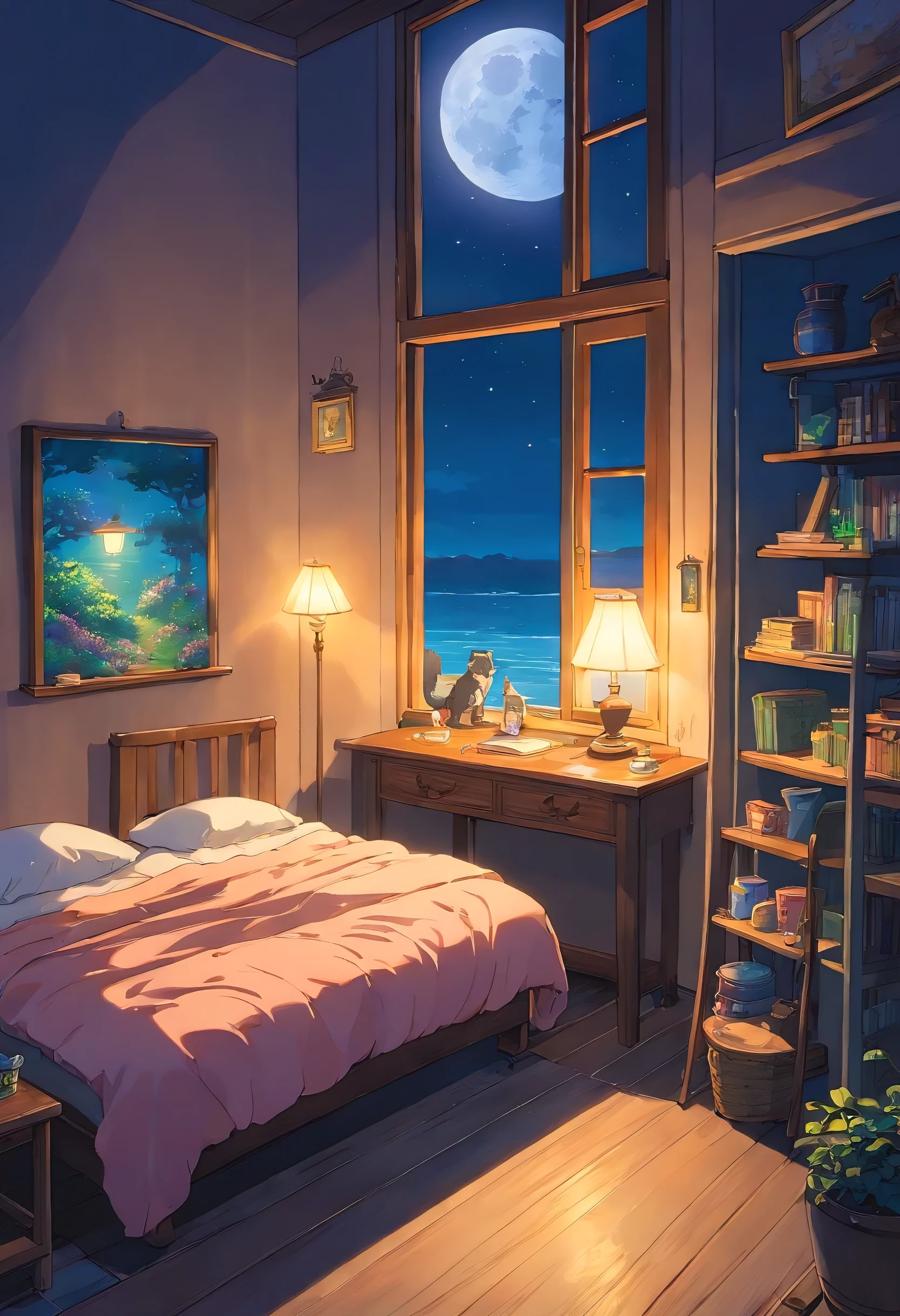 night,Moonlight poured in from the small sea otter's bedroom window,Illuminates a corner of the room