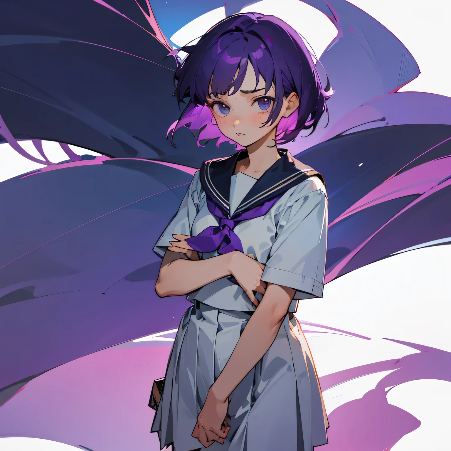 Purple short hair girl sailor uniform sad