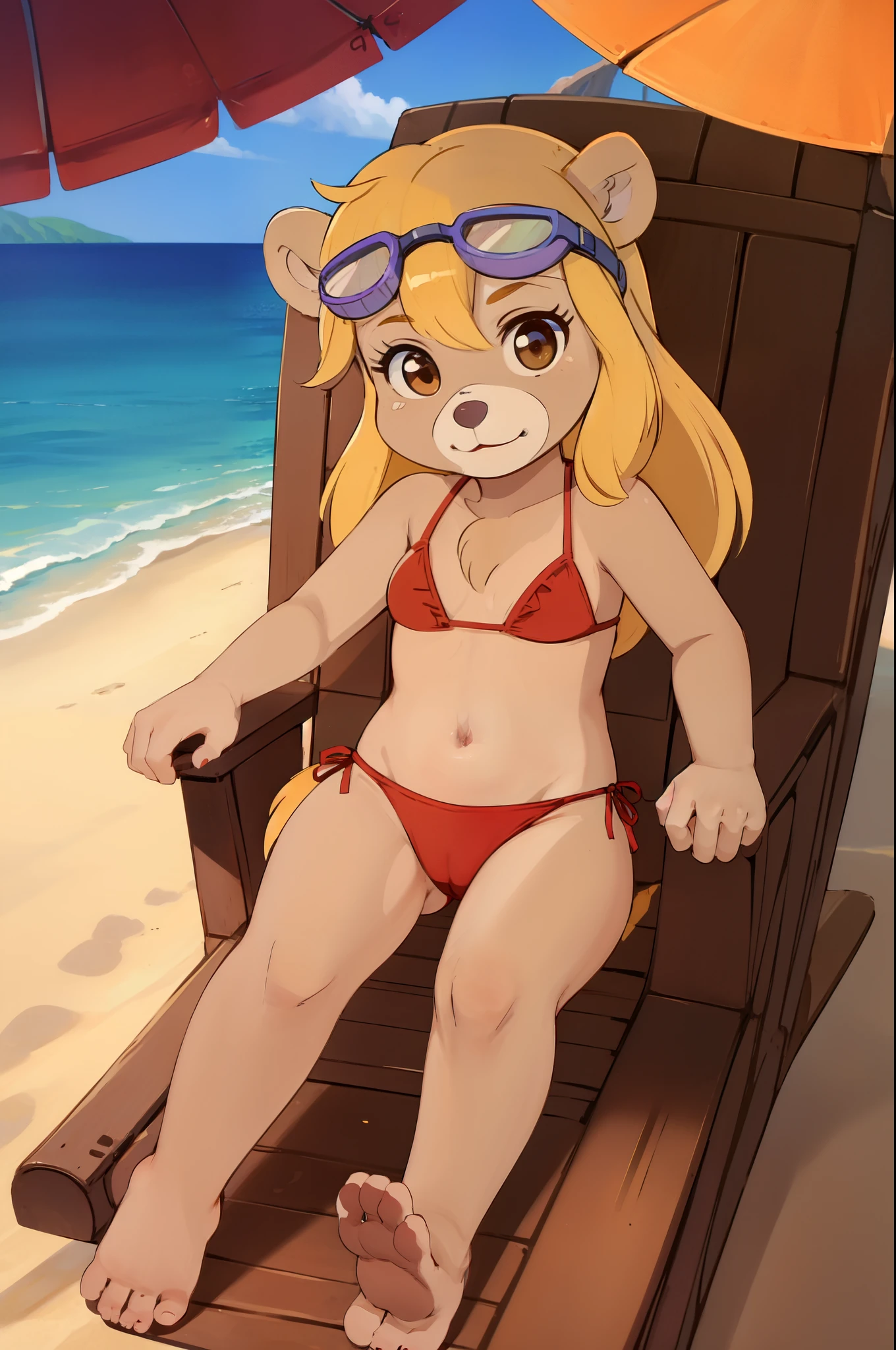 Ursa Barbic, bear, anthro, girl, brown eyes, detailed body fur, looking at you, lilac nose, brown body fur, clear brown body fur, small breasts, blonde hair, detailed face, detailed eyes, detailed body, perfect lighting, perfect shadows, perfect eyes, perfect hair, perfect face, gorgeous body, detailed hands, glistering body, shiny body, spectacular effect, :3, solo, ((goggles, red frilly bikini)), beach, clear sky, full body, feets with three toes, 3 toes, sit on beach chair,