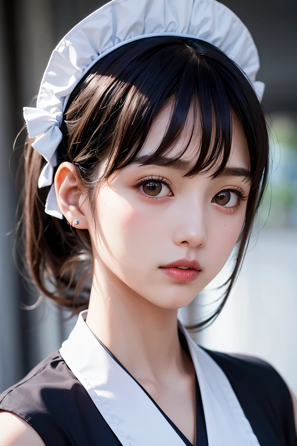 (1 nogizaka girl,teenager,raw photo,photo realistic:1.5),(best quality, high quality,HDR, highest quality,ultra high resolution,high resolution,high res,ultra high difinition,huge file size,8K,2K wallpaper,8K wallpaper,high quality texture,amazing,an extremely delicate:1.4),one girl, Japanese famous idol,beautiful face,small face,absurd,ridiculous,incredibly ridiculous,portrait,breasts close up,blurry background,(maid costume,natural makeup:1.3),medium skin,beautiful skin,small head,black hair,silky hair,(Japanese eyes:1.3),black eyes,Japanese idol eyes,Japanese nose,(eyebrow:-0.5),(Light Particles, Lens Flare, Luminous Particles: 0.7),looking at viewer,bright lighting,professional lighting,girl