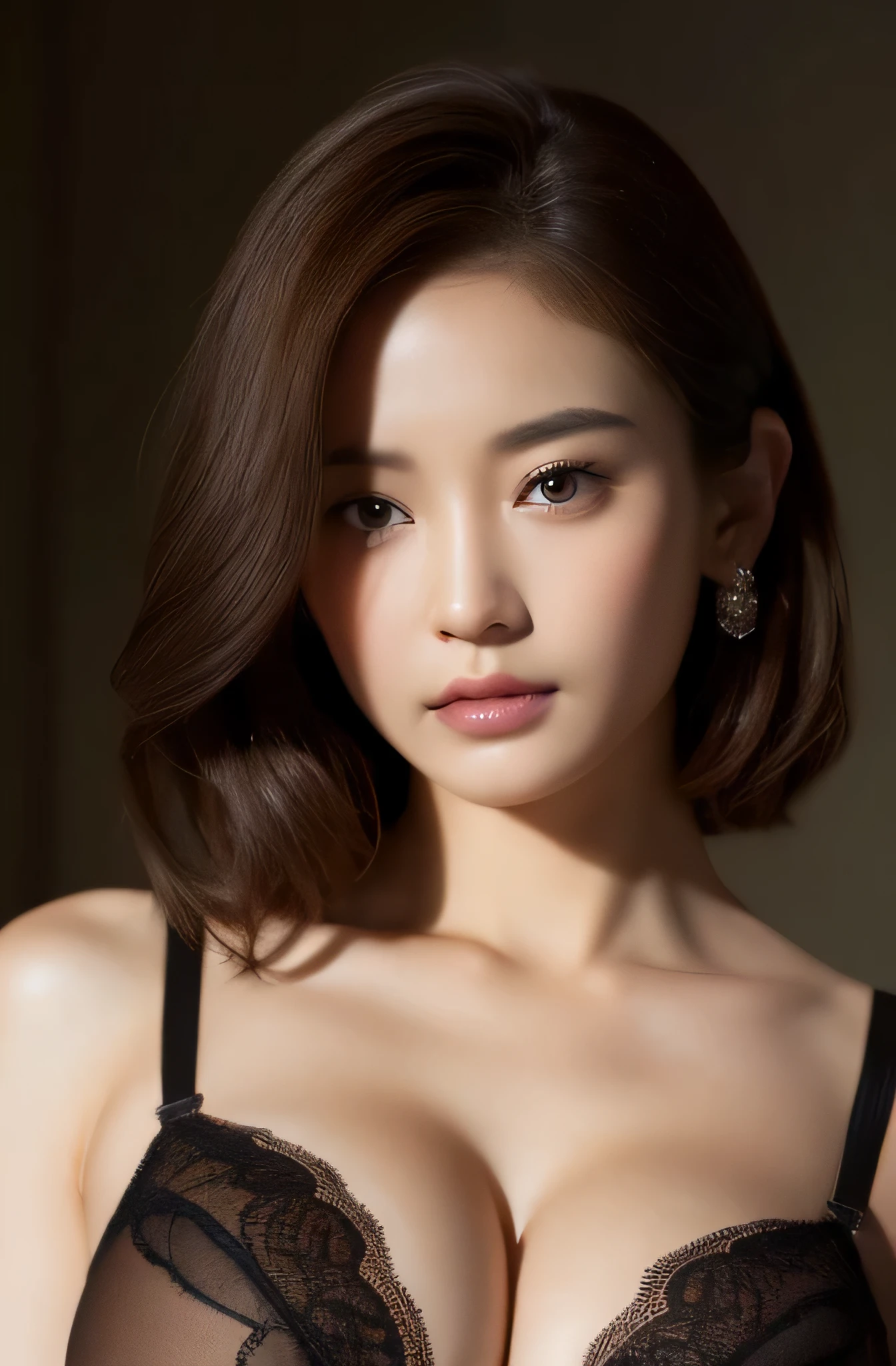 master piece、master piece、quality、quality、Upper body、breast enhancement、black lace bra、black underwear、big breasts、Pink nipples and upturned breasts、realistic、unified、8k wallpaper、official art、unified8K墙 、Ulzzang-6500、(original: 1.2)、(realistic: 1.4)、super detailed、High resolution、super detailed,Gorgeous, finely, cinematic lighting, , (Brown|brunette:1.4), medium hair, (real looking skin:1.2), (light Brown-skinned:1.2),black lace bra