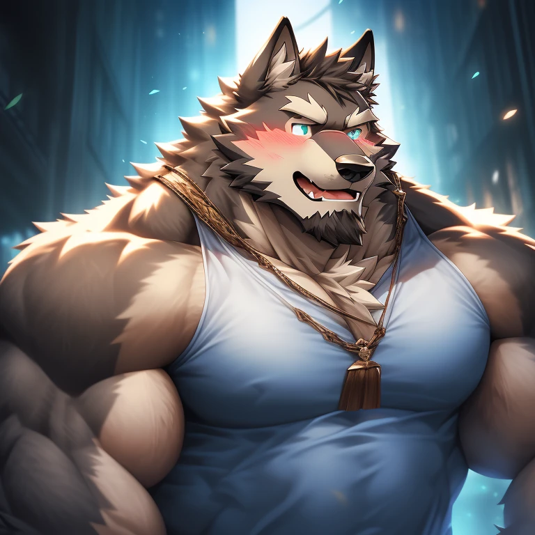 (solo, male:1.1, canine, wolf:1.1, werewolf, muscular, large muscles, large pectorals, mature male, older, facial hair, beard, happy, blushing, grey fur, teal eyes:1.1, body hair, full-body:1.1, by doooo2424), (best quality:1.2, 4k, 8k, highres, masterpiece:1.2), ultra-detailed, (realistic:1.37, photorealistic:1.37), HDR, UHD, studio lighting, ultra-fine painting, sharp focus, physically-based rendering, extreme detail description, professional, vivid colors, bokeh, portraits, wolf-human hybrid, strength, power, fierce expression, mysterious background lighting, surreal atmosphere