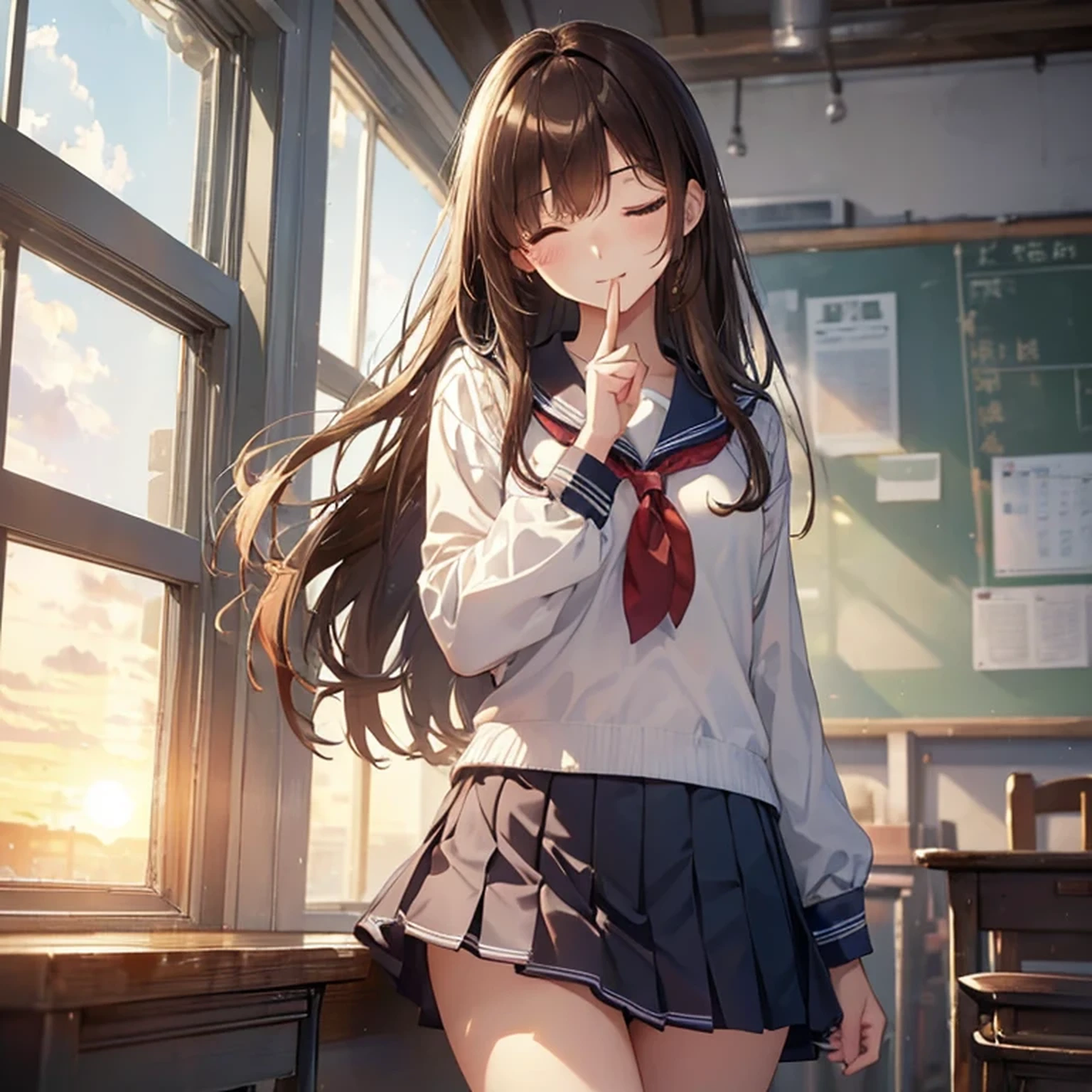 (highest quality、In 8K、32k、masterpiece、nffsw、超A high resolution、Impressionism、Photoreal:1.2)、Huge 、cowboy shot, detailed face and eyes、 inside the classroom、School、sunset、beautiful face、blurred background、16 year old beautiful girl、shiny skin、half up hair、beautiful brown hair、dull bangs、brown eyes、(closed one eye、put your index finger to your mouth:1.2)、sailor suit、pleated mini skirt、curve、(Skirt up、I can see your pants:1.2)、thighs thighs thighs、(Navel exposed:0.4)、Dynamic pose Beautiful and perfect legs, clean and perfect hands