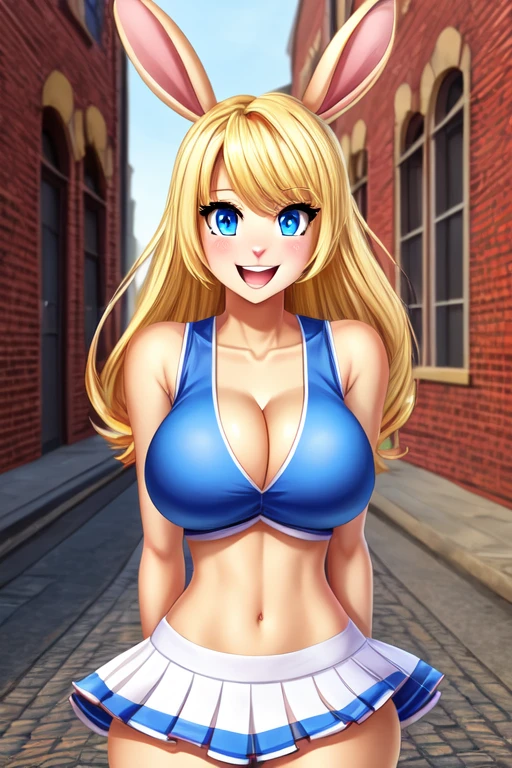 Rabbit girl High school cheerleader, solo, female, blonde hair, blue eyes, smiling, big breasts, cleavage, slim, small waist, small hips, european city, brick road, hands behind back, happy, looking at viewer, high quality