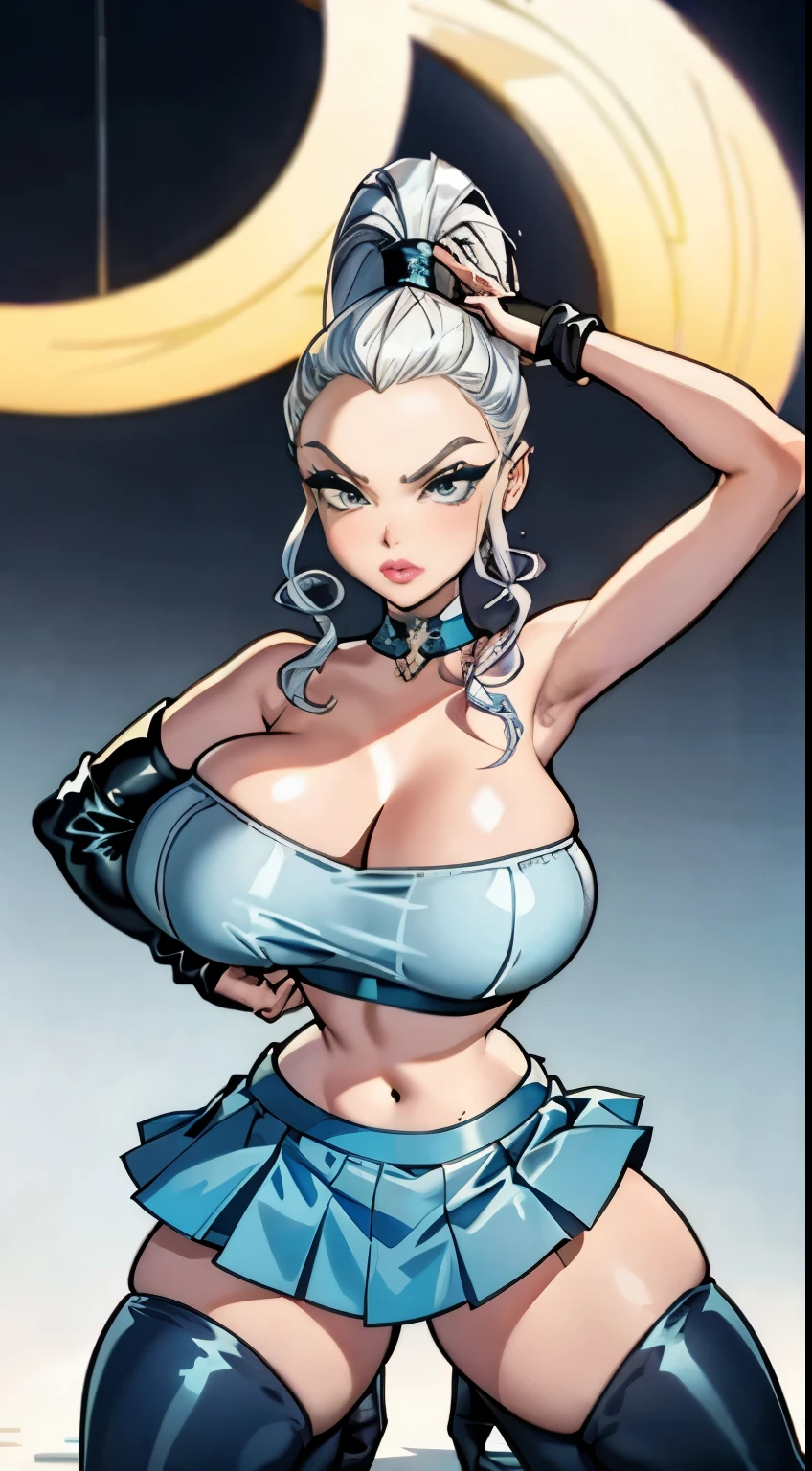 bmb-fc, sunny, bodycon dress, 1girl, face, woman , (masterpiece, best quality), 1girl, kneeling pose, show armpit, platinum blonde hair, ponytail, plump lips, pouty lips, huge breast, hourglass figure, shocked face, hot winx outfit, (((strapless blue crop top))), (((pleated microskirt))), school park, glove, thighhighs,