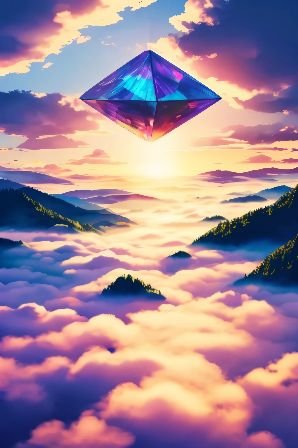 best quality, super fine, 16k, incredibly absurdres, extremely detailed, a (complex and translucent giant geometric shape object) floating above the clouds in the sky, fantasy world image, fantastic and mysterious, sunlight shining through, BREAK , background watercolor drawing art, wet-in-wet, blurred picture style, iridescent fluffy round pastel color image style