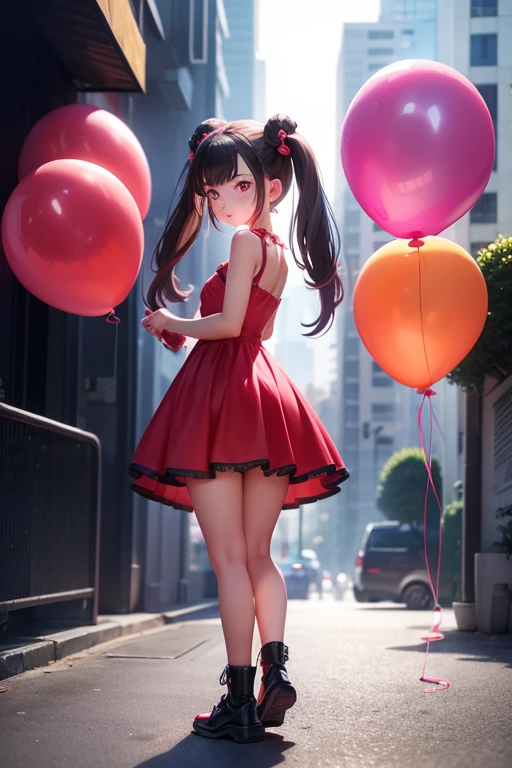 a 11 years old girl, ((having a lot of balloons)) , real photo, (((full body))), (looking back at me), twin tails, (red epron dress), cyberpunk , ((sunlight))