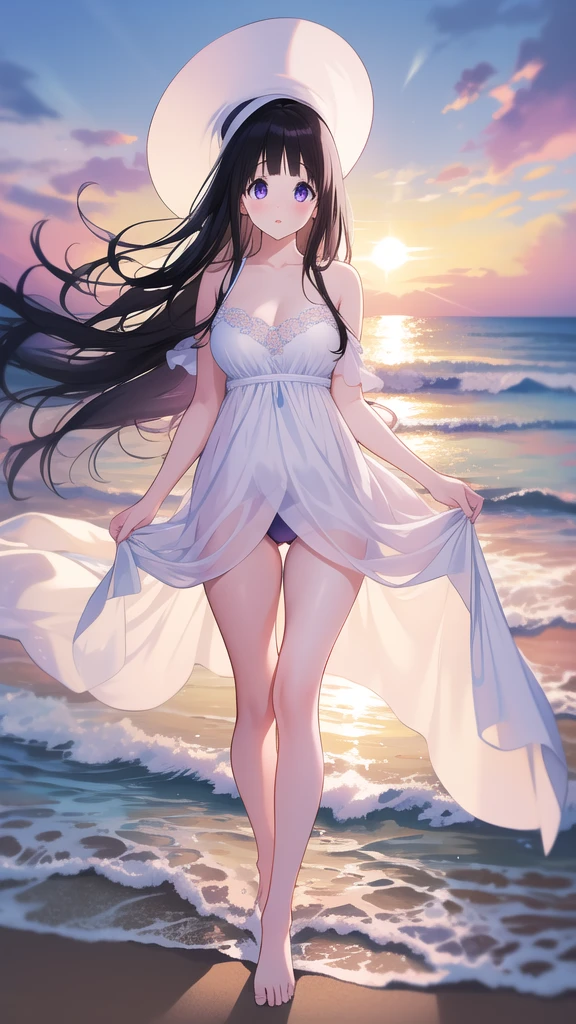 Stunning Chitanda, There is only one beautiful girl,purple eyes, black hair, Naturally straight hair, straight bangs,extremely refined,lips open,flowing long hair,Peerless beautiful girl, dreamlike,Slim,soft, (Sensual), (kawaii), Dream quality,white dress,hat,walk on the beach,bare shoulders,exposed collarbone,bare neck,Bare thighs,Exposing the groin,camel toe,bare legs,barefoot,extremely shy,ultra high resolution, (masterpiece:1.2, best quality), (Exquisite and beautiful eyes: 1.2), (Beautiful and delicate face)