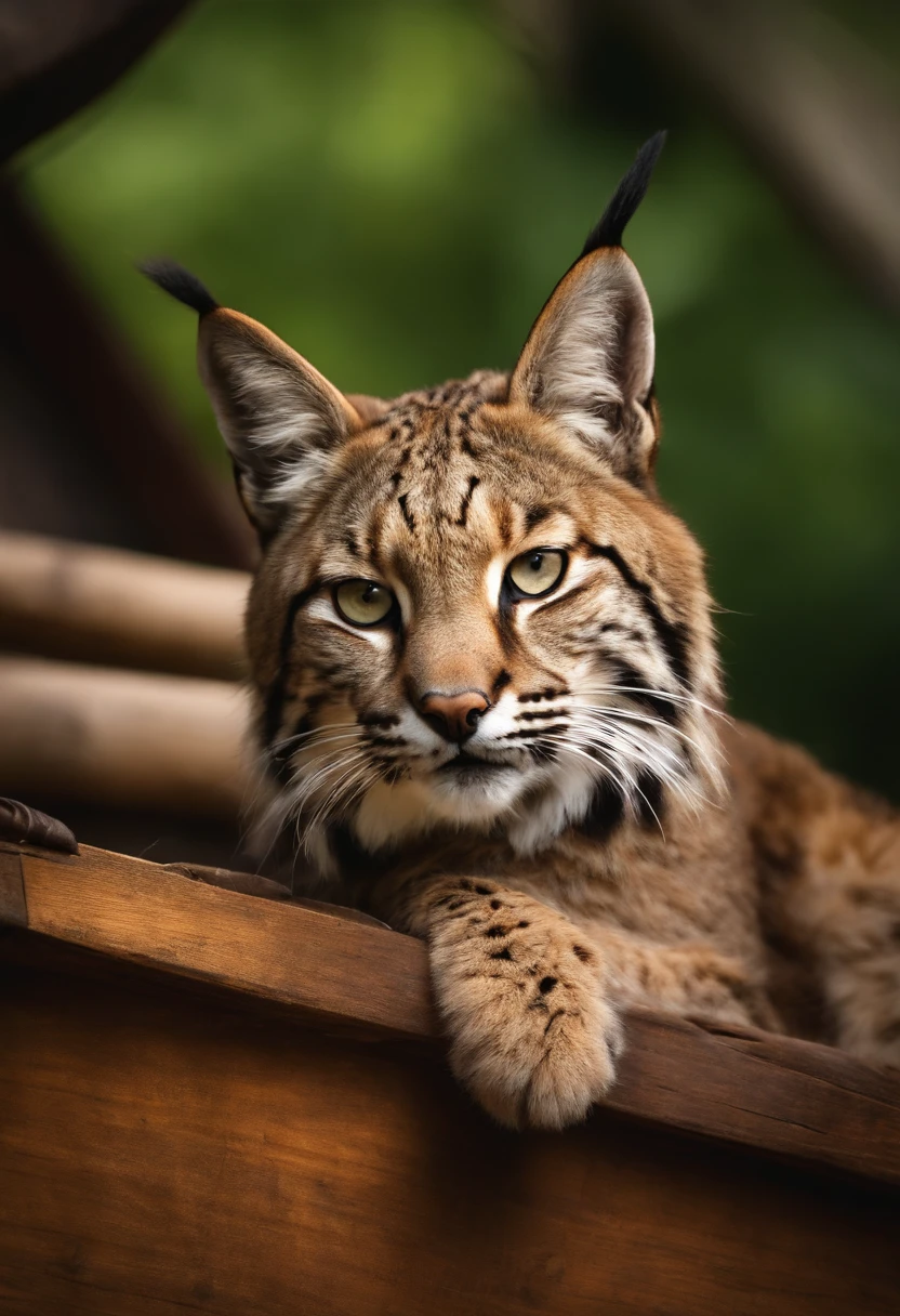 Bobcat hiding in a pirate ship, behind a wooden crate.