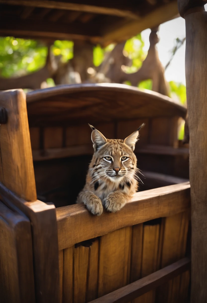 Bobcat hiding in a pirate ship, behind a wooden crate.