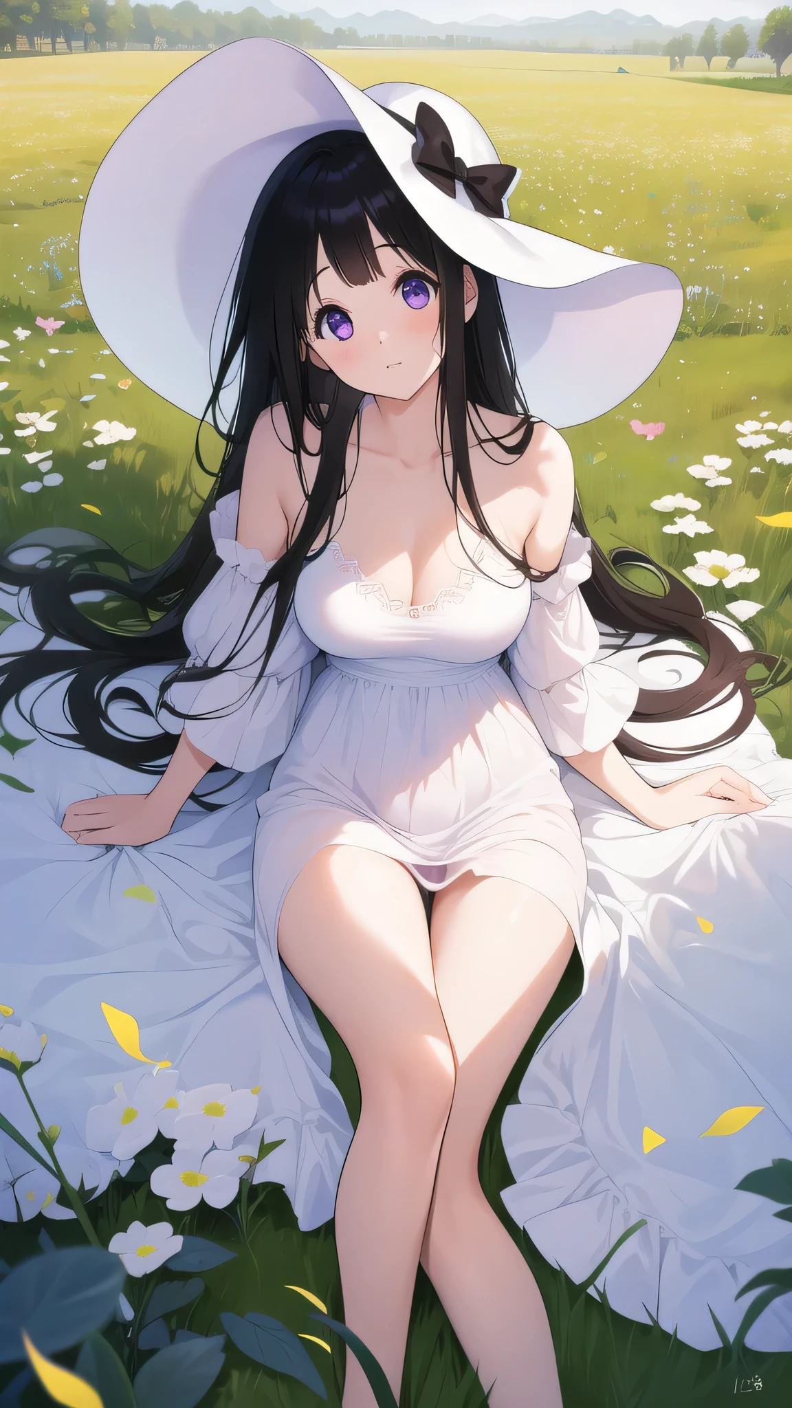Stunning Chitanda, There is only one beautiful girl,purple eyes, black hair, Naturally straight hair, straight bangs,extremely refined,adult face,lips open,flowing long hair,Peerless beautiful girl, dreamlike,Slim,soft, (Sensual), (kawaii), Dream quality,white dress,hat,Run in the fields,bare shoulders,exposed collarbone,bare neck,Bare thighs,Exposing the groin,camel toe,bare legs,barefoot,extremely shy,ultra high resolution, (masterpiece:1.2, best quality), (Exquisite and beautiful eyes: 1.2), (Beautiful and delicate face)
