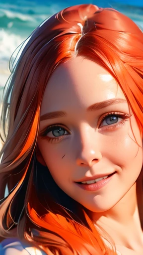 highest quality、realistic、Japanese、girl、zoom、look up、cute、gray eyes、long hair、orange hair、all back、Forehead is coming out、Ocean、white blouse、joy、Grinning、face close up