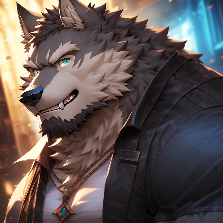 (solo, male:1.1, canine, wolf:1.1, werewolf, muscular, large muscles, large pectorals, mature male, older, facial hair, beard, happy, grey fur, teal eyes:1.1, body hair, full-body:1.1, by doooo2424), (best quality:1.2, 4k, 8k, highres, masterpiece:1.2), ultra-detailed, (realistic:1.37, photorealistic:1.37), HDR, UHD, studio lighting, ultra-fine painting, sharp focus, physically-based rendering, extreme detail description, professional, vivid colors, bokeh, portraits, wolf-human hybrid, strength, power, fierce expression, mysterious background lighting, surreal atmosphere