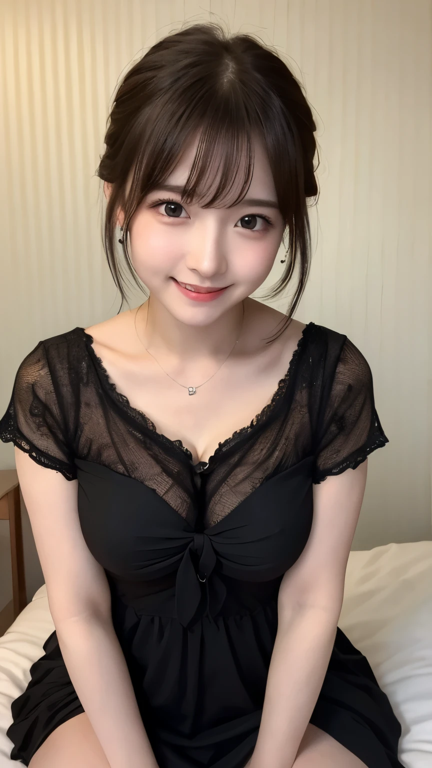 bright表情、photorealistic stick:1.32、highest quality、超A high resolution、Photos of the most beautiful Japan girls、cute and beautiful face details、small face、(Pueros face_V1:0.008)、美しいbangs、************、Radiant, fair, glowing skin、hair gets tangled in face、顔まで伸びるbangs、bangs、hair between eyes、charming brown silky hair、bright、Clear eyes shine charmingly、dynamic pose、highest quality、disorganized、((the cutest girl in the world))、Japanese、on the bed、((Black lace dress:1.3))、(ponytail:1.3)、(Tie with a thin white ribbon)、nice and cute、innocent smile、nice smile、cleavage、(big breasts:1.3)、(Kneeling:1.3)、side tail、brown hair、thin waist、detailed beautiful eyes、view audience、Upper body、close up of face、Front view、(skirt lift)、(Light blue lace panties)、