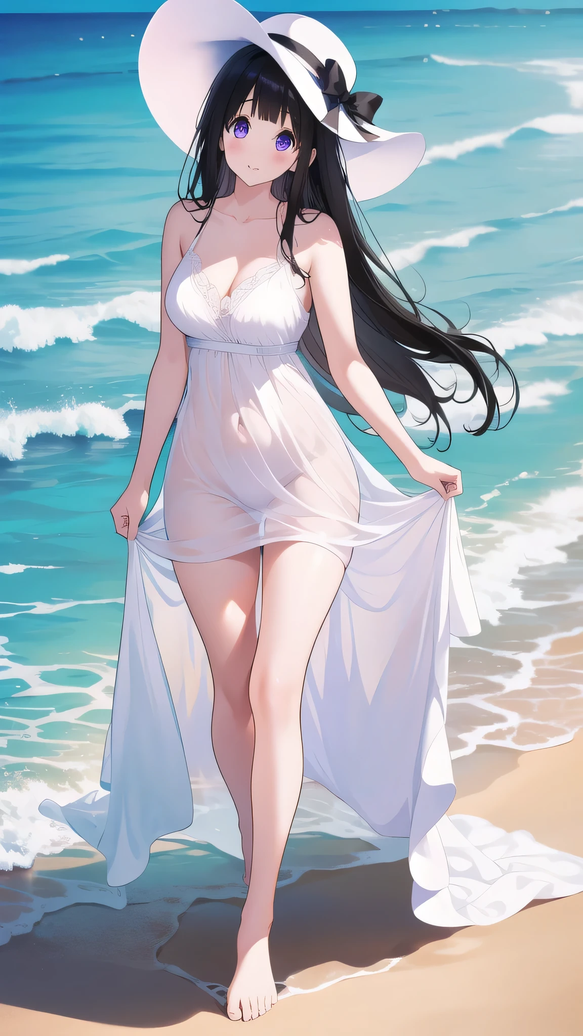 Stunning Chitanda, There is only one beautiful girl,purple eyes, black hair, Naturally straight hair, straight bangs,extremely refined,lips open,flowing long hair,Peerless beautiful girl, dreamlike,Slim,soft, (Sensual), (kawaii), Dream quality,white dress,hat,walk on the beach,bare shoulders,exposed collarbone,bare neck,Bare thighs,Exposing the groin,camel toe,bare legs,barefoot,extremely shy,ultra high resolution, (masterpiece:1.2, best quality), (Exquisite and beautiful eyes: 1.2), (Beautiful and delicate face)