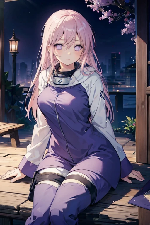 A light pink haired female ninja with violet eyes and an hourglass figure in a conservative hinata outfit is sitting in a tree