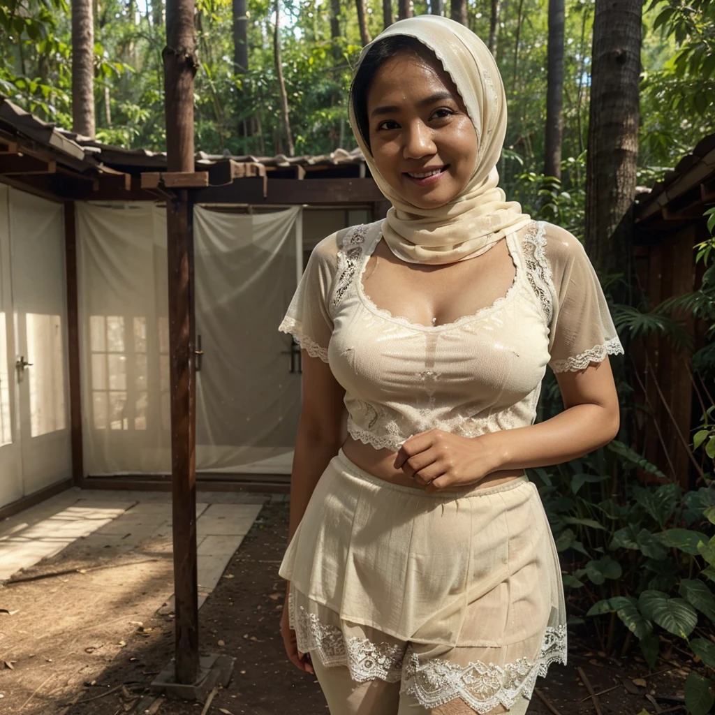 A 52 years old Indonesian woman in cream color hijab, wearing cream color lace tight t-shirt, wearing very short see-through cream color lace skirt, skirtlift, villager, poor woman, darker skin, curvier body, short body, smiling and standing in a dark forest, look to the viewer with eye close