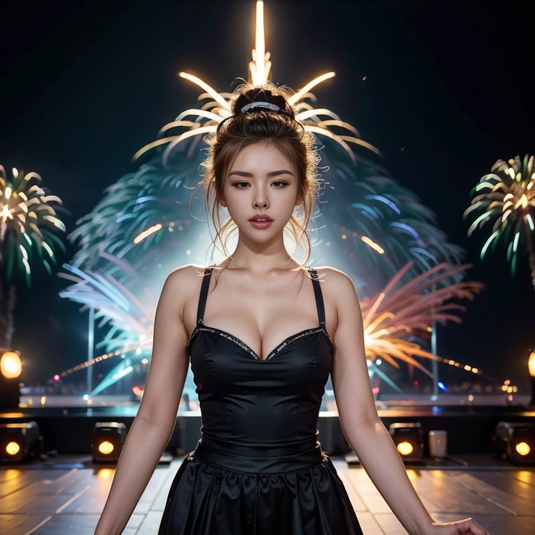 (A young and beautiful woman、Topアイドルグループのセンター、Top Of The Top)、(cowboy shot:1.4)、(mouth wide open:1.2)、(Half eyes closed:1.3)、Topアイドルグループのコンサートステージ、amazing performance、A packed stadium crowd、Vivid lighting effects、Dynamic dance moves、Captivating Music、Multiple LED Screens、intense energy、Synchronized choreography、festive atmosphere、Maid-inspired stage costume、Highly anticipated show 、Thunderous applause、Extremely excited fans、Spectacular visual effects、Explosive fireworks、Uplifting music beats、stage fog、Passionate singing、芸術的にデTheインされた小道具、Breathtaking stage setup、electric atmosphere、Confetti explosion、adrenaline rush、sense of oneness、A memorable concert experience、 (highest quality、4k、8k、high resolution、masterpiece: 1.2)、Super detailed、(real、photorealistic、photorealistic: 1.37)、concert photography、Energetic performance、Bright colors、lively atmosphere、Professional Production、perfect execution、Captivating stage presence、Huge stage expansion、Dazzling spotlights、Euphoric atmosphere、Immersive Sound System、Strategic Stage Layout、Artistic dance formation、Innovative Stage Effects、High Energy Entertainment、Life-size experience