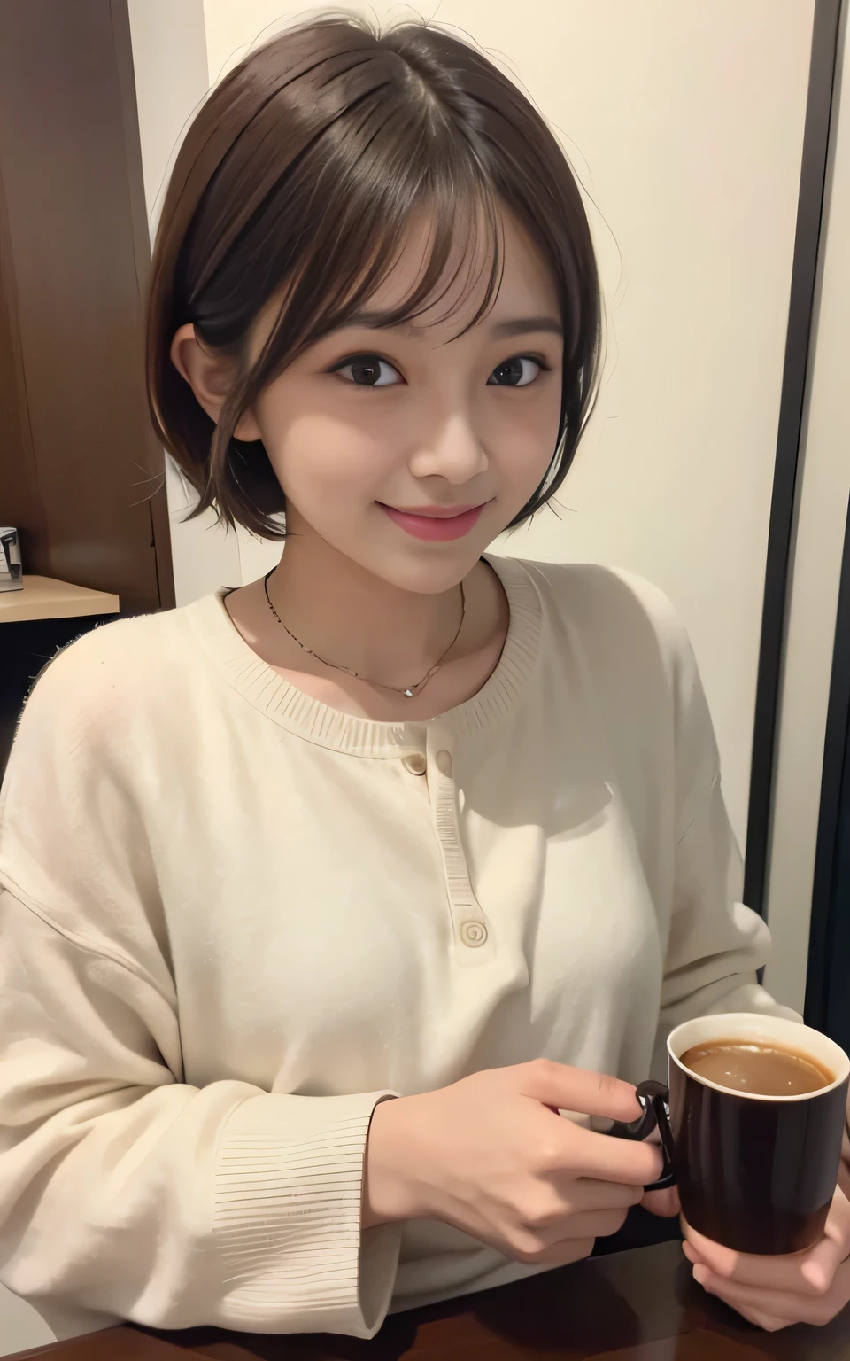 cute 21 year old japanese、drink coffee at a cafe、nice cafe、super detail face、pay attention to details、double eyelid、beautiful thin nose、sharp focus:1.2、Beautiful woman:1.4、(light brown hair,short hair、),pure white skin、highest quality、masterpiece、ultra high resolution、(Photoreal:1.4)、Highly detailed and professional lighting、nice smile、show your whole body、cute colorful winter clothes、