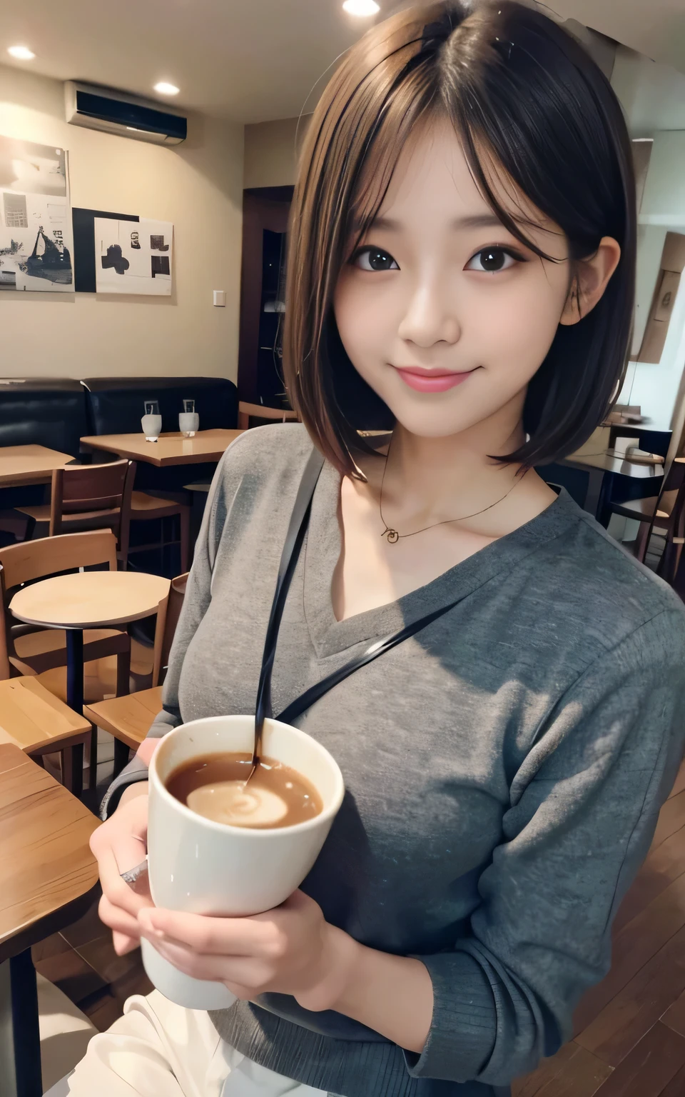 cute 21 year old japanese、drink coffee at a cafe、nice cafe、super detail face、pay attention to details、double eyelid、beautiful thin nose、sharp focus:1.2、Beautiful woman:1.4、(light brown hair,short hair、),pure white skin、highest quality、masterpiece、ultra high resolution、(Photoreal:1.4)、Highly detailed and professional lighting、nice smile、show your whole body、cute colorful winter clothes、