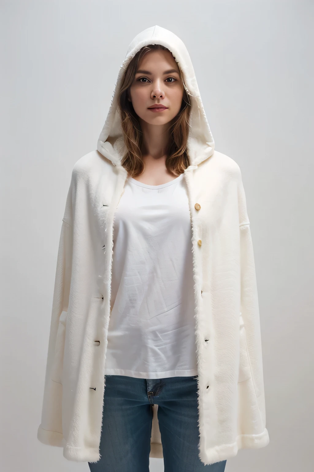 araffe wearing a white hoodedie and jeans standing in front of a white background, covered with blanket, white cloak, fur lined cape, white cape, cloak with hood, with white fluffy fur, wearing a luxurious cloak, long white cloak, wearing white silk hood, full subject shown in photo, designed for cozy aesthetics!, wearing shoulder cape, white fur