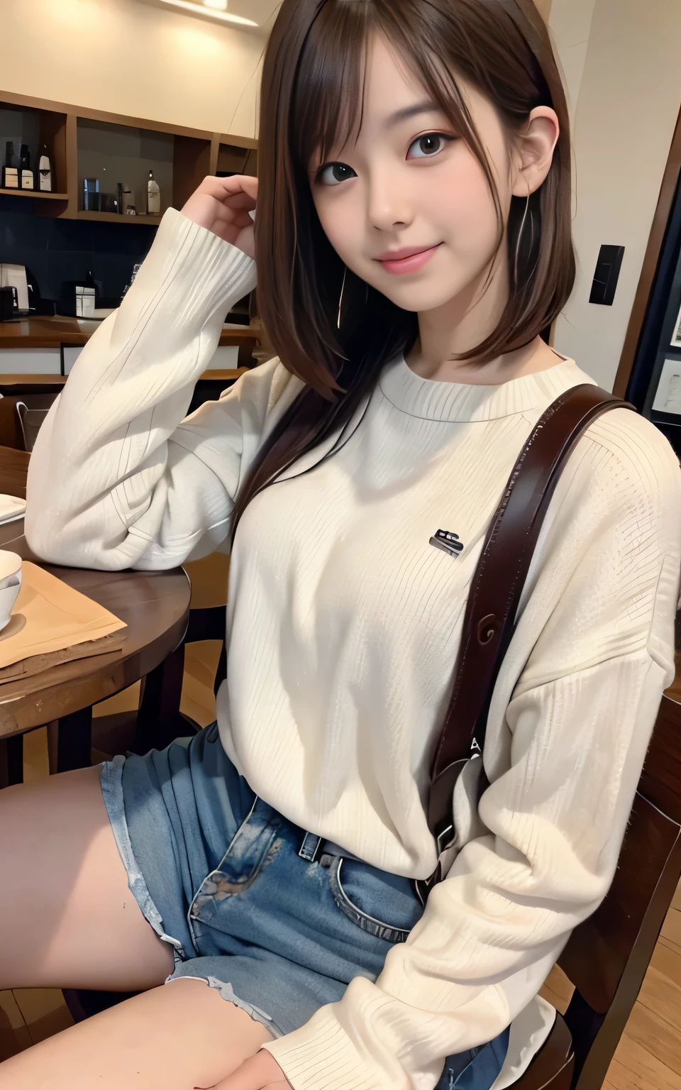 cute 21 year old japanese、drink coffee at a cafe、nice cafe、super detail face、pay attention to details、double eyelid、beautiful thin nose、sharp focus:1.2、Beautiful woman:1.4、(light brown hair,short hair、),pure white skin、highest quality、masterpiece、ultra high resolution、(Photoreal:1.4)、Highly detailed and professional lighting、nice smile、show your whole body、cute colorful winter clothes、