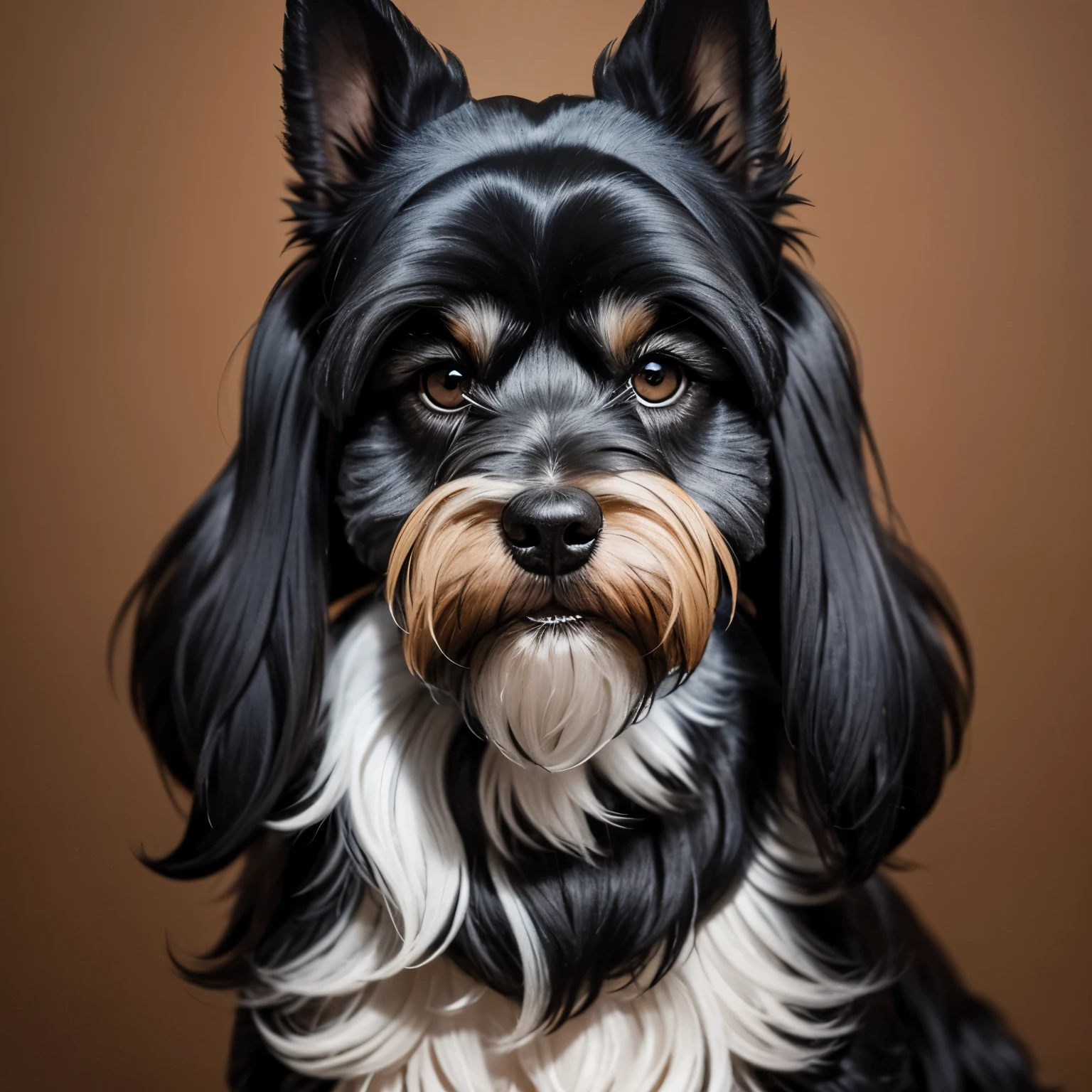 Perro Schnauzer negro con ojos color miel, cejon y su pelaje tenga rizos, con un poco de canas por debajo de su barba muy sonriente y feliz