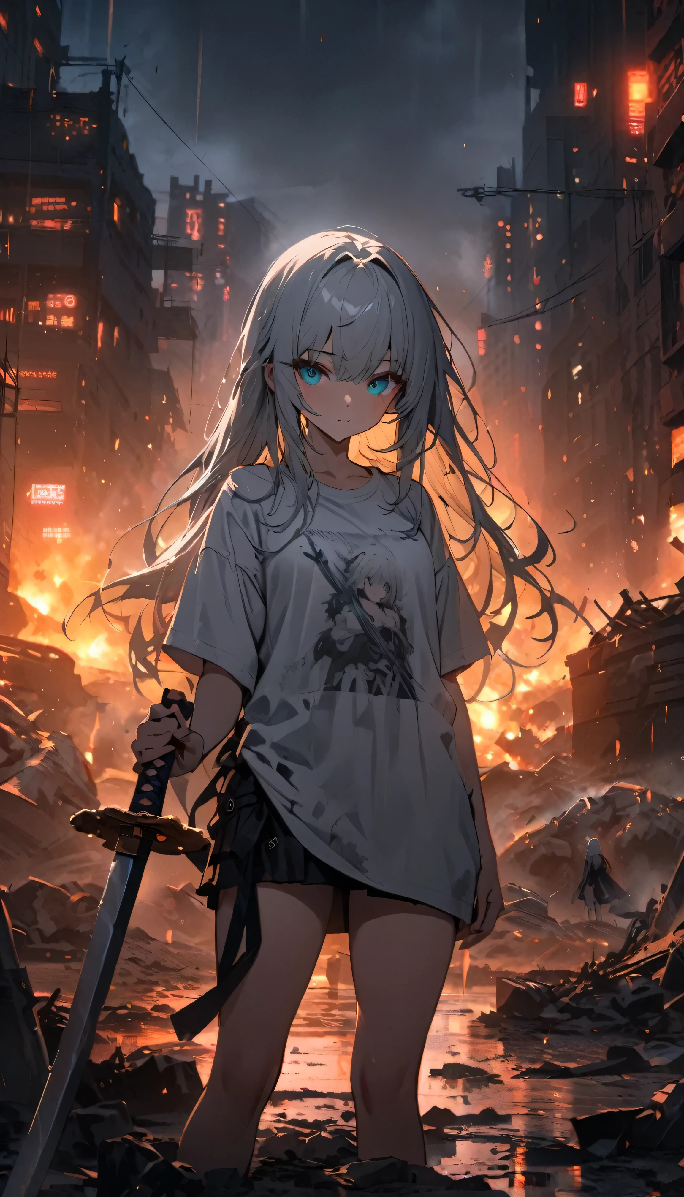 Resolution full, best quality, masterpiece, full HD, beautifull girl, foggy theme, super detailed, 1girl, cute girl, long hair, silver hair, detailed beautiful Aqua eyes, white T - shirt oversized, ((The girl's body was pierced by a sword)). in wasteland, night time. in burning city and destroyed city. Rain night. holding glowing katana, shadows surroundings girl, has a lighting power