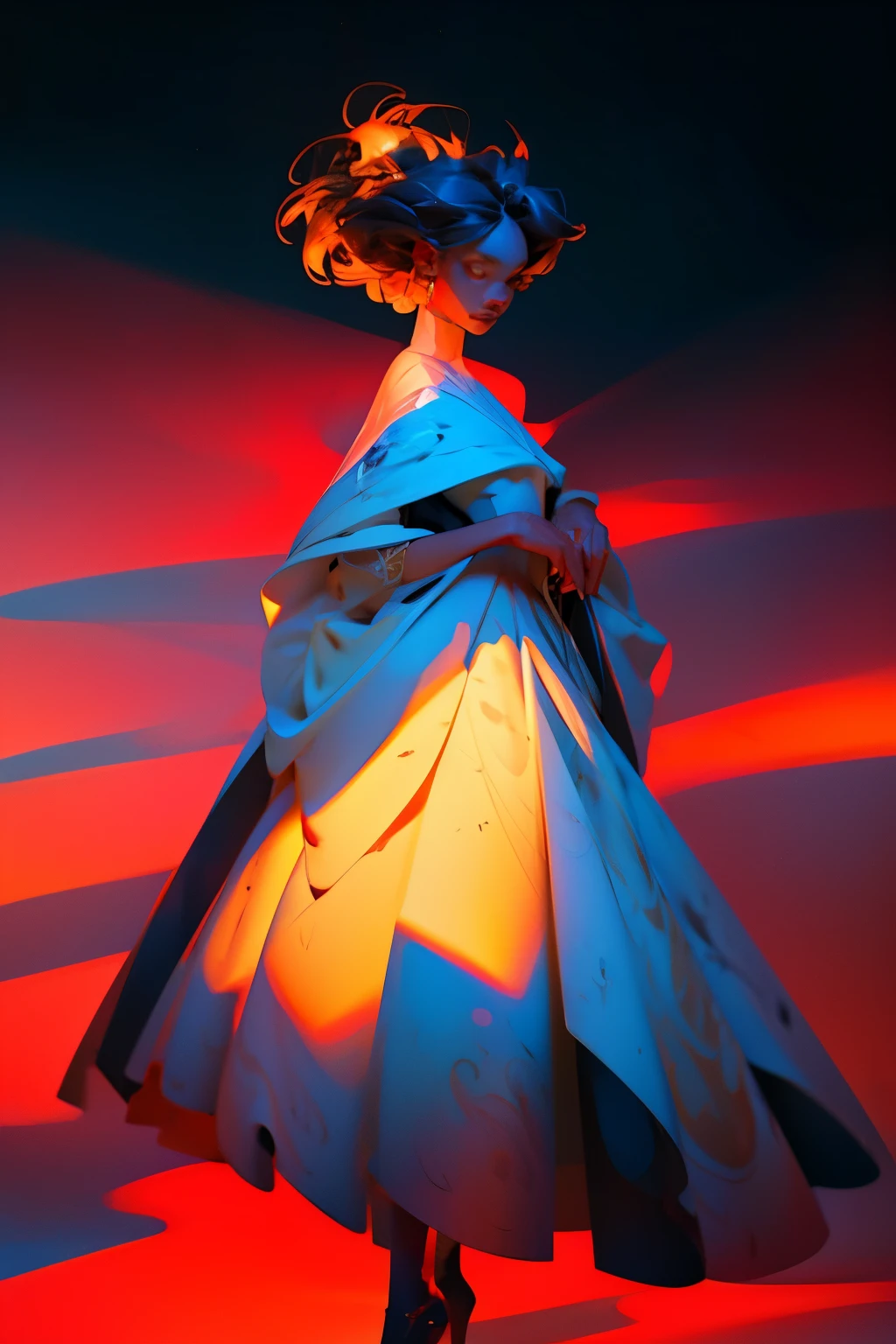 A masterpiece of best quality, this aerial view shot captures the essence of a dark-skinned black woman with a beauty face and a cool vibe. She stands confidently in an empty place, adorned in a breathtaking crested crane designed dress that showcases her unique style. The floor and background surrounding her are transformed into an artistic wonderland, with vibrant red, blue, and white cubism art squares creating a mesmerizing visual display. The scene is illuminated by a beautiful and vibrant light, which casts a luminous glow upon the entire composition, enhancing its artistic and creative imagery.