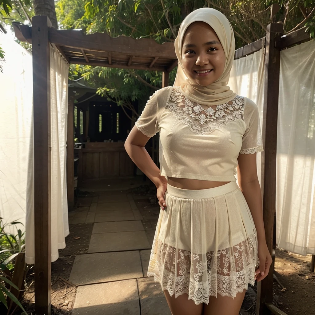 A Indonesian woman in cream color hijab, wearing cream color lace tight t-shirt, wearing very short see-through cream color lace skirt, skirtlift, villager, poor woman, darker skin, curvier body, short body, smiling and standing in a dark forest, look to the viewer with eye close