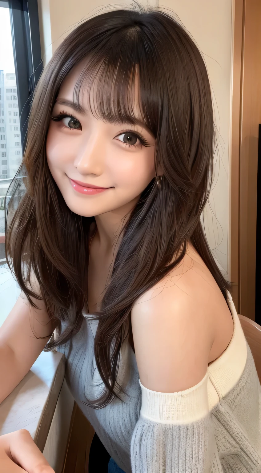 1 woman、((smile 1.6)) 、((Selfie 1.6))、curly hair、With Bangid Chest 1.6))、front、Close-up face、look at the camera(table top:1.3), High resolution, super detailed, Highly detailed CG Unity 8K wallpaper, realistic, Photoreal, Raw photo, beautiful and detailed face, pale skin, fine cloth texture, detailed hair texture, beautiful face, acura, anatomically correct, Highly detailed face and skin texture, natural neck length, (Fair skin:1.2), solo、black haired、japanese women, 18-year-old、detailed eye、cute realistic pictures((smile 1.6⦆、in the apartment