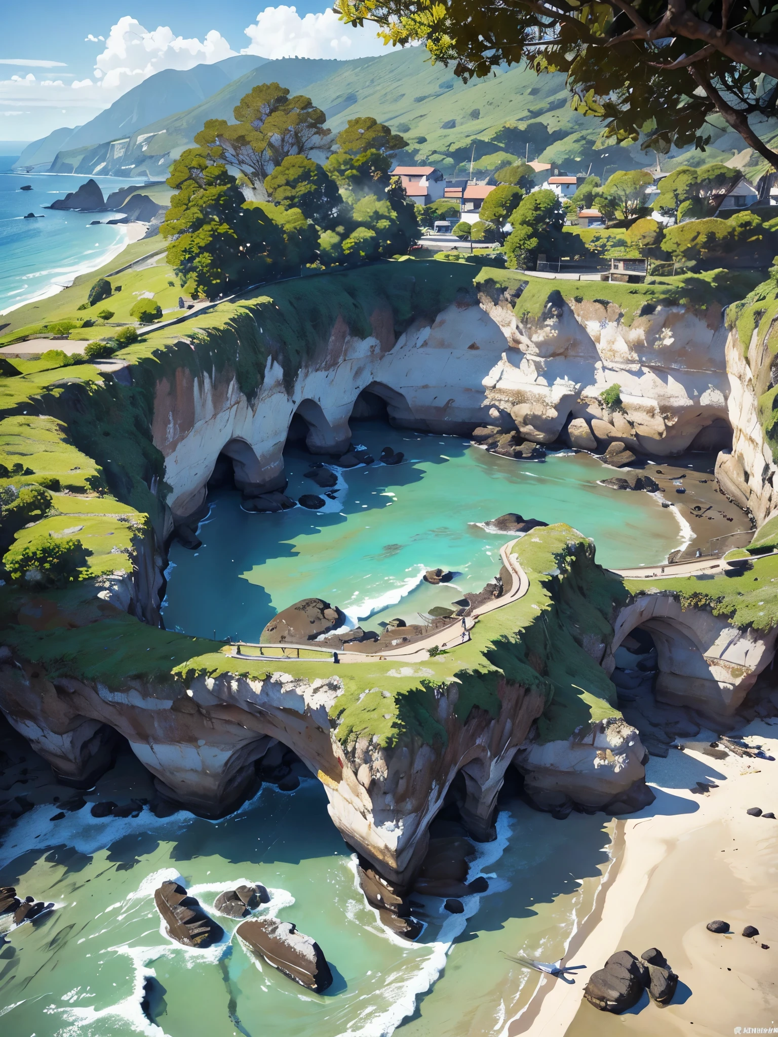 (obra de arte, maximum quality: 1.1), aerial view, assimetria, mar azul, low tide, onda do mar, sea route, estrada costeira, praia arenosa, concha, cais, iate, barco, despertar do navio, Shipwreck, vaporizador, rastro, car, turista, farol, gaivota , horizon, Vento, Summer, tem, morning, ensolarado, nuvem, calm, ar fresco, profundidade de campo
