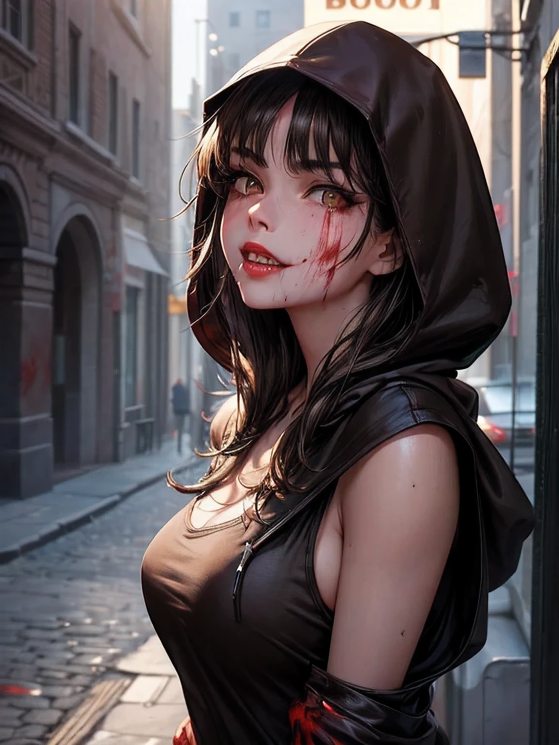 1 girl, 18 years old), on a street at night, wearing a black hooded sweatshirt, hood over her head, Capri pants: 1.5, on a dark street, leaning against the wall, looking at the spectator, with her mouth wide open, with pointy teeth teeth, devilish smile showing his sharp teeth, (((blood dripping from mouth))), ((likes blood on cheek)), sweatshirt open, blood dripping down the body, holding a skull, a burning candle in the skull, ((realistic blood)), lampposts, lights up the street, (beautiful face), (detailed face: 1.5), (Anatomically correct), (ultra detailed face and skin texture), (((brown eyes: 1.3))), ((bright eyes)), intricate eyes, symmetrical eyes, (thin eyebrows), (eyeliner), ((perfect nose)), (red lips), ((wide smile), black hair, short messy hair, bangs (Average breasts: 1, 2), (Round breasts), (Official art), ((Best quality)), (Masterpiece), (Ultra detailed), (High resolution), (Realistic photo )), ((Cinematic Light: 1.2)), ((High Resolution)), (Visible Features), (Line Speed: 1.1), ((Photorealistic: 1.37)) ,((extremely detailed ), post-processing.