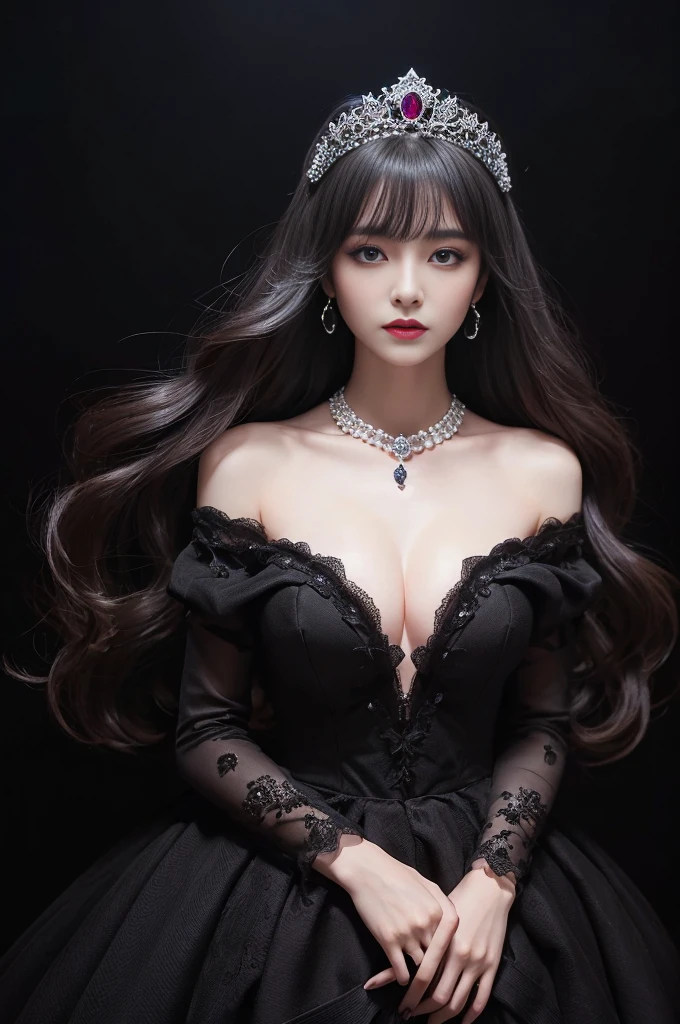 highest quality、masterpiece、8K、Award-winning work、hyper realism、Vampire Princess、恐ろしいVampire Princess、Natural forehead、spooky、white skin、evil makeup、(((全身photograph1.5)))photograph、dark image、Photographing faces with beautiful composition、the most detailed and beautiful face、a merciless look、look at me、long eyelashes、spookyなメイク、black lips、eye shadow、艶のあるblack lips、Finest super high detail skin、The most detailed eyes、(The most luxurious and highest quality giant tiara、The most luxurious and highest quality giant necklace、The most luxurious giant ruby、The most luxurious jewelry decoration、black most luxurious finest princess dress)、cleavage、(((Pitch black background 1.5)))、(((dark 1.5)))、Beautiful long wavy hair、((Ceiling light 1.2))、マットなphotograph