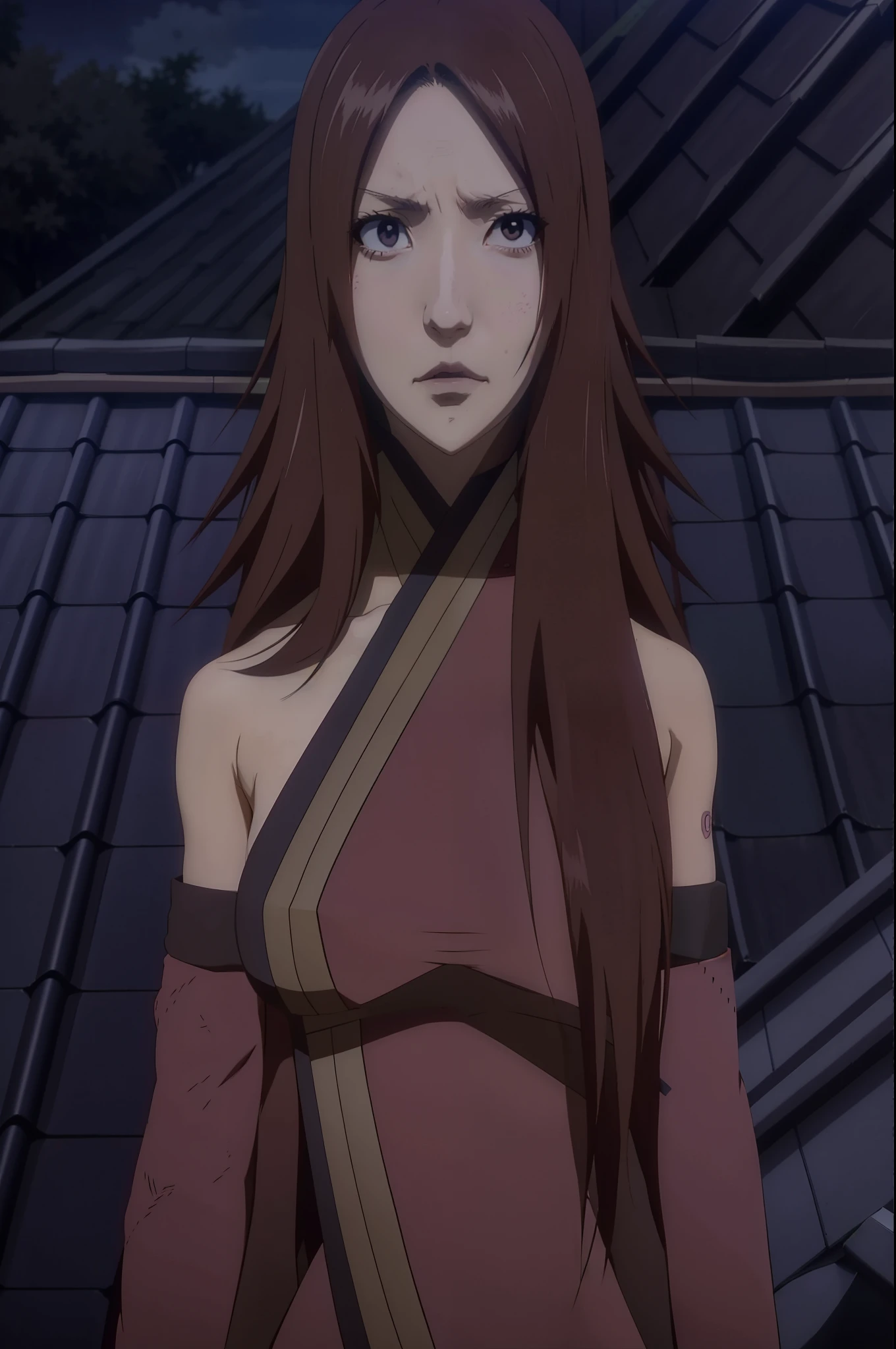 a woman with long brown hair standing in front of a roof, kunoichi, in the anime film ergo proxy, erza scarlet as a real person, in the anime series ergo proxy, female anime character, as an anime character, haruno sakura, misato katsuragi, makise kurisu, itatchi uchiha, nezuko