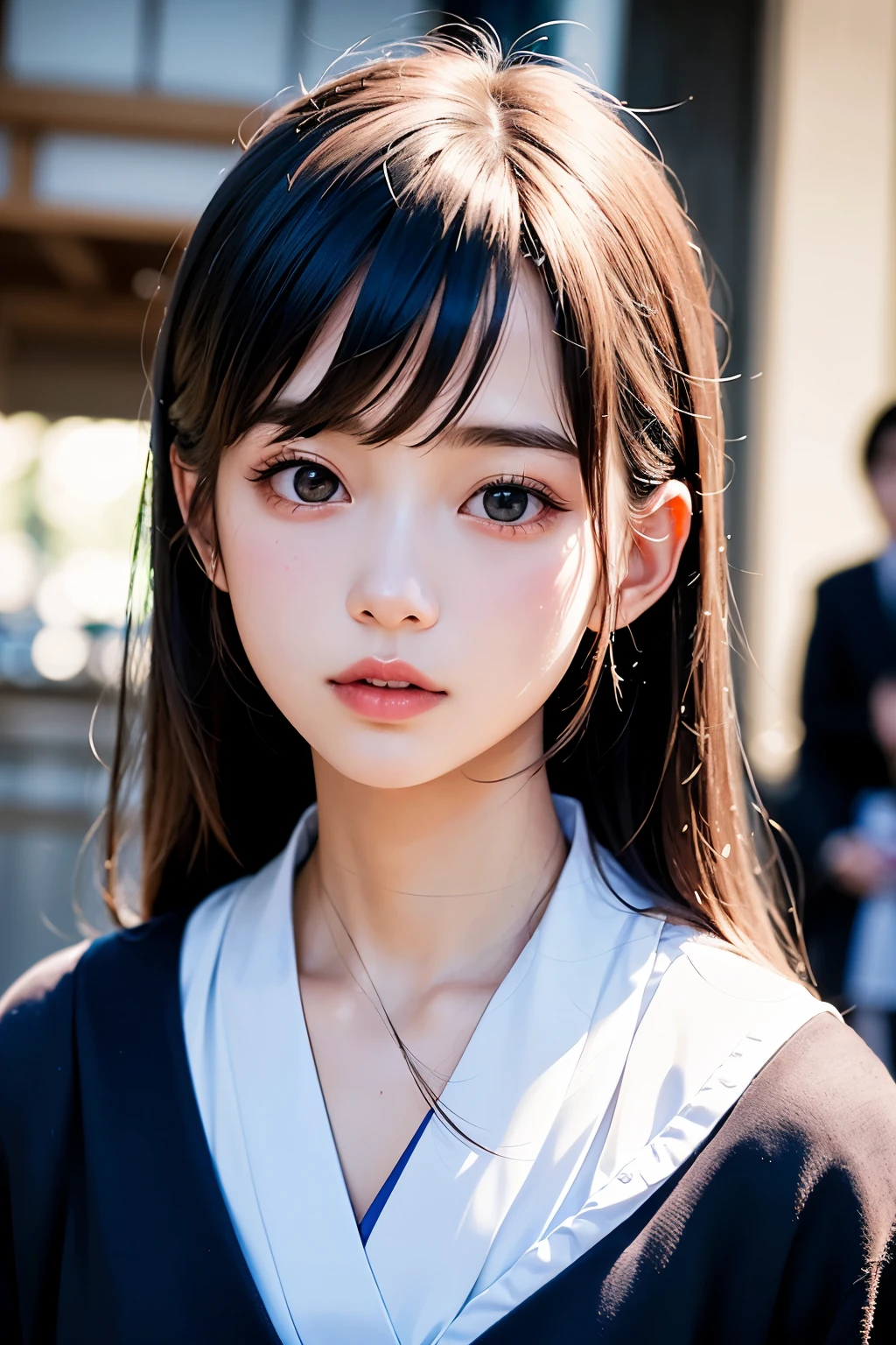 (1 nogizaka girl,teenager,raw photo,photo realistic:1.5),(best quality, high quality,HDR, highest quality,ultra high resolution,high resolution,high res,ultra high difinition,huge file size,8K,2K wallpaper,8K wallpaper,high quality texture,amazing,an extremely delicate:1.4),one girl, Japanese famous idol,beautiful face,small face,absurd,ridiculous,incredibly ridiculous,portrait,breasts close up,blurry background,(school uniform,natural makeup:1.3),medium skin,beautiful skin,small head,black hair,silky hair,(Japanese eyes:1.3),black eyes,Japanese idol eyes,Japanese nose,(eyebrow:-0.5),(Light Particles, Lens Flare, Luminous Particles: 0.7),looking at viewer,bright lighting,professional lighting,girl