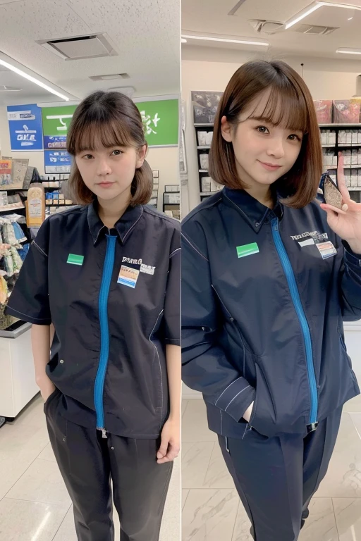 (onoff,side-by-side photo,split screen),(masterpiece:1.4), (best quality:1.4) ,8K,cinematic lighting,((best quality)), (masterpiece) , (realistic shadow) , (depth of field),(intricate details:1.4), 1girl,Japanese,(Brown mideum wave hair with asymmetrical bangs:1.3),Happy smiling face,(Slender body:1.4),hairy pussy,konbini, scenery, shop,convinience store,food, indoors, employee uniform, uniform,id card, striped, shirt, pants, standing, famima, famimaU,