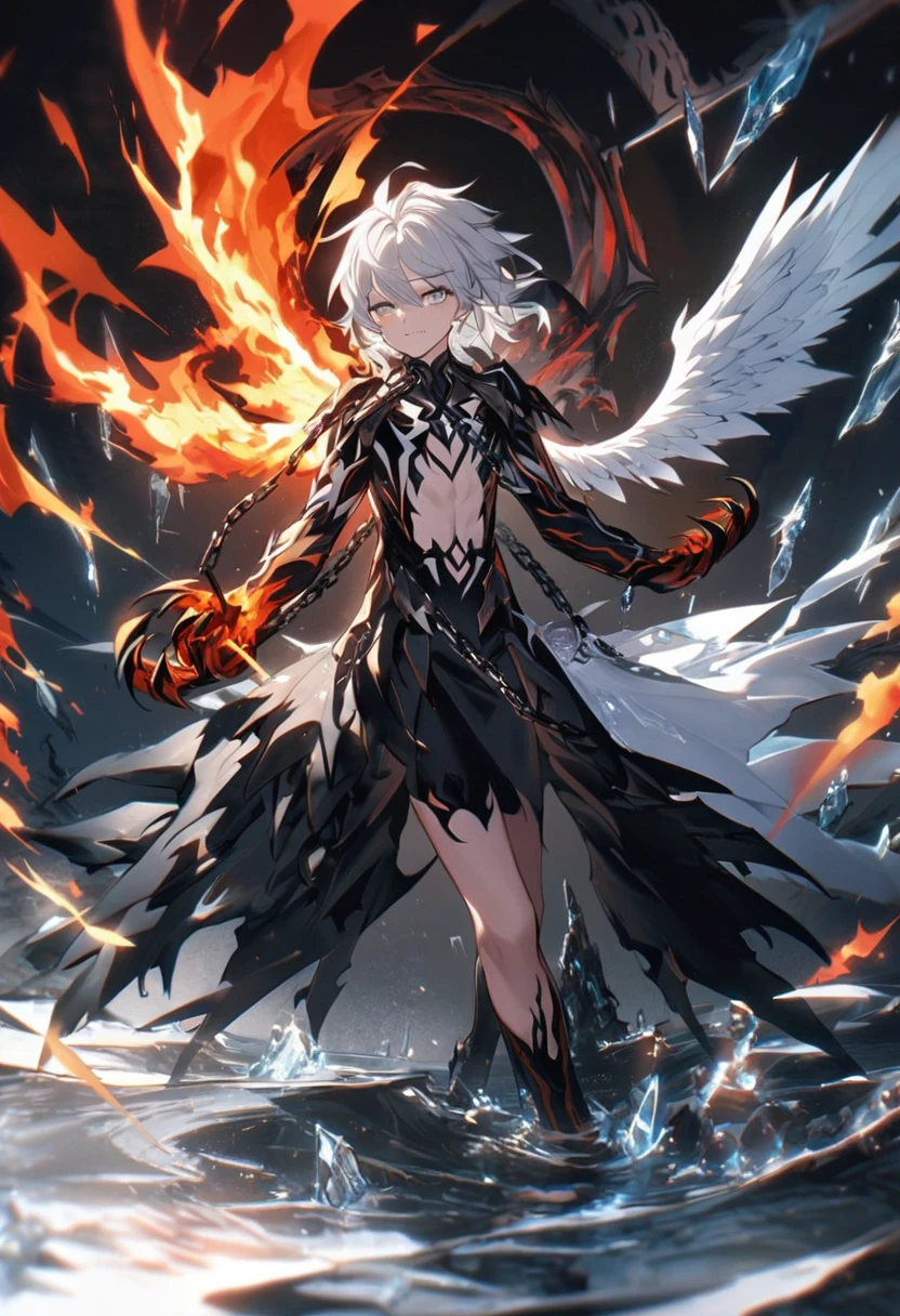 20-year-old man with hair made of fire and water, claws made of metal and ice, he has four wings, 2 angel wings, one black and white, another 2 demon wings, one black and one white, his hands are made of earth and magma, he has a chain in the shape of an