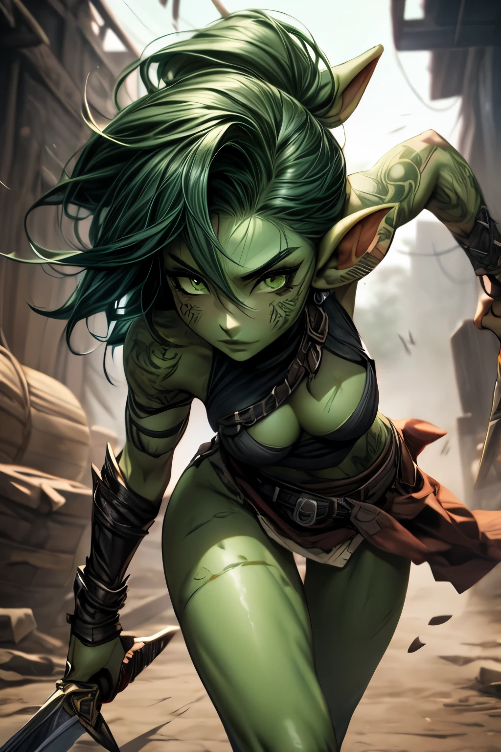 4k, extremely muscular goblin tomboy, wearing loin cloth and loose black halter, breasts bouncing, brash, confident, light green skin, pointy ears, green eyes, short length messy green punk hair, small breasts, many tattoos, face tattoo, 1girl, solo, battecry, charging into battle, running, war, sword drawn, action scene, cinematic still, dynamic, killing enemy, raging