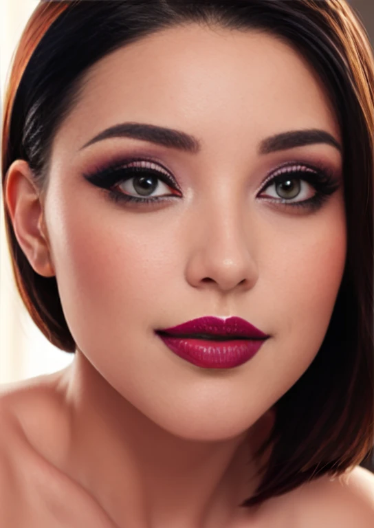 1 beautiful woman,nude,((Very Intense Makeup)), smiling, ((red lipstick)), ((woman in makeup)), short hair, black hair,((huge breasts,)), cleavage,)))((35 year old mature woman))((huge breasts)),((ojos azules))((solamente))),cuerpo perfecto,manos perfectas,cara perfecta,rostro perfecto, iperrealista,