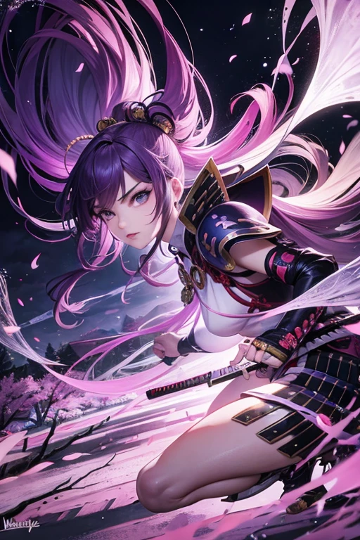 (best quality,realistic:1.2),garota samurai, long flowing purple hair, holding a katana in her hands, fierce and radiant gaze, striking presence, traditional warrior armor, vibrant and detailed, breathtaking landscape, cherry blossom trees in full bloom, dramatic lighting, dynamic pose, intense action scene, high contrast colors, atmospheric, cinematic backdrop, powerful aura, epic battle, mythical creatures lurking, ethereal atmosphere