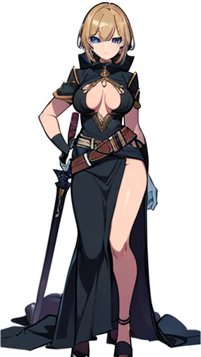 (((Best Quality))) , ((full body)), female, reference sheet, solo, (white background), holding weapon, gloves, slit trench skirt, backless skirt, belt, standing, high fantasy clothes,